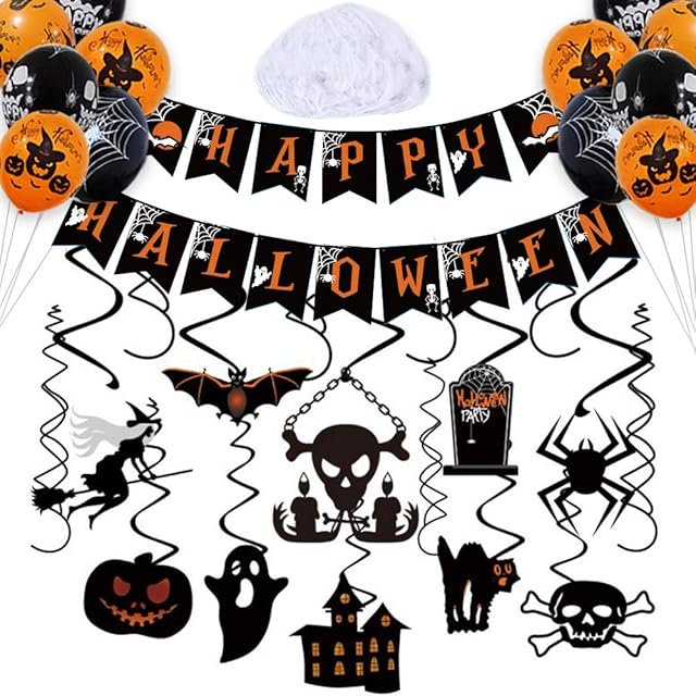 Halloween Party Decoration Kit - Halloween Hanging Swirl, Happy Halloween Banner, 12 Pieces Halloween Balloons and 20 gram Spiderweb Cobweb for Halloween Party Indoor Outdoor Decorations