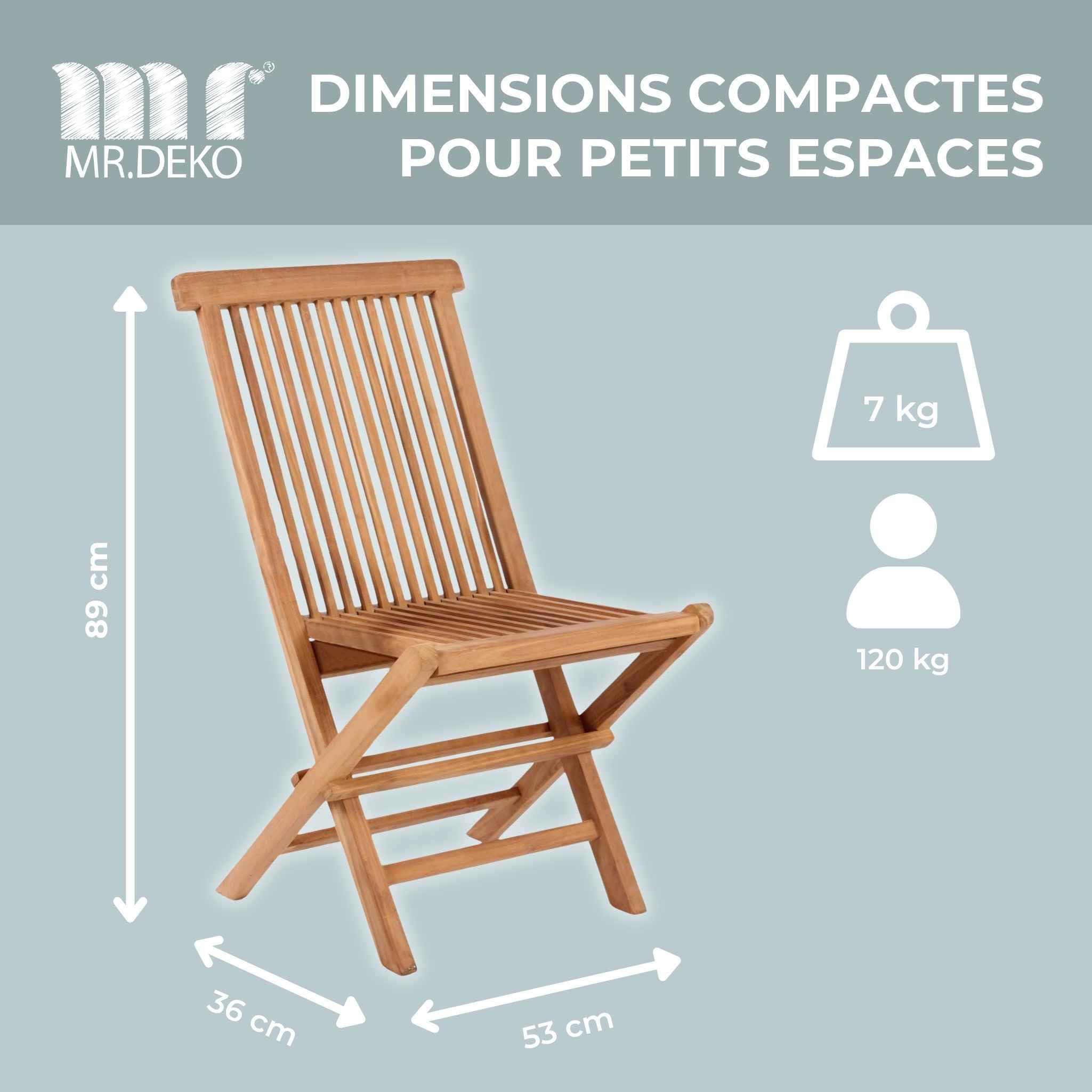 MR. DEKO Langton Fauteuil Pliant Teck Massif | Chaise de Jardin sans Accoudoirs | Siège Pliable Gain de Place Terrasse Balcon Extérieur | Bois Intempéries 120kg | 53x43x89cm