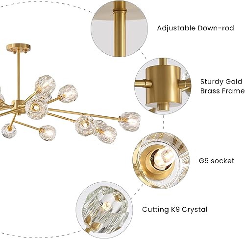 Miniatura 4 de APBEAM Lighting - Candelabro Sputnik de latón, lámpara colgante dorada, lámpara de techo de cristal empotrado, 18 luces de 47 pulgadas de ancho x