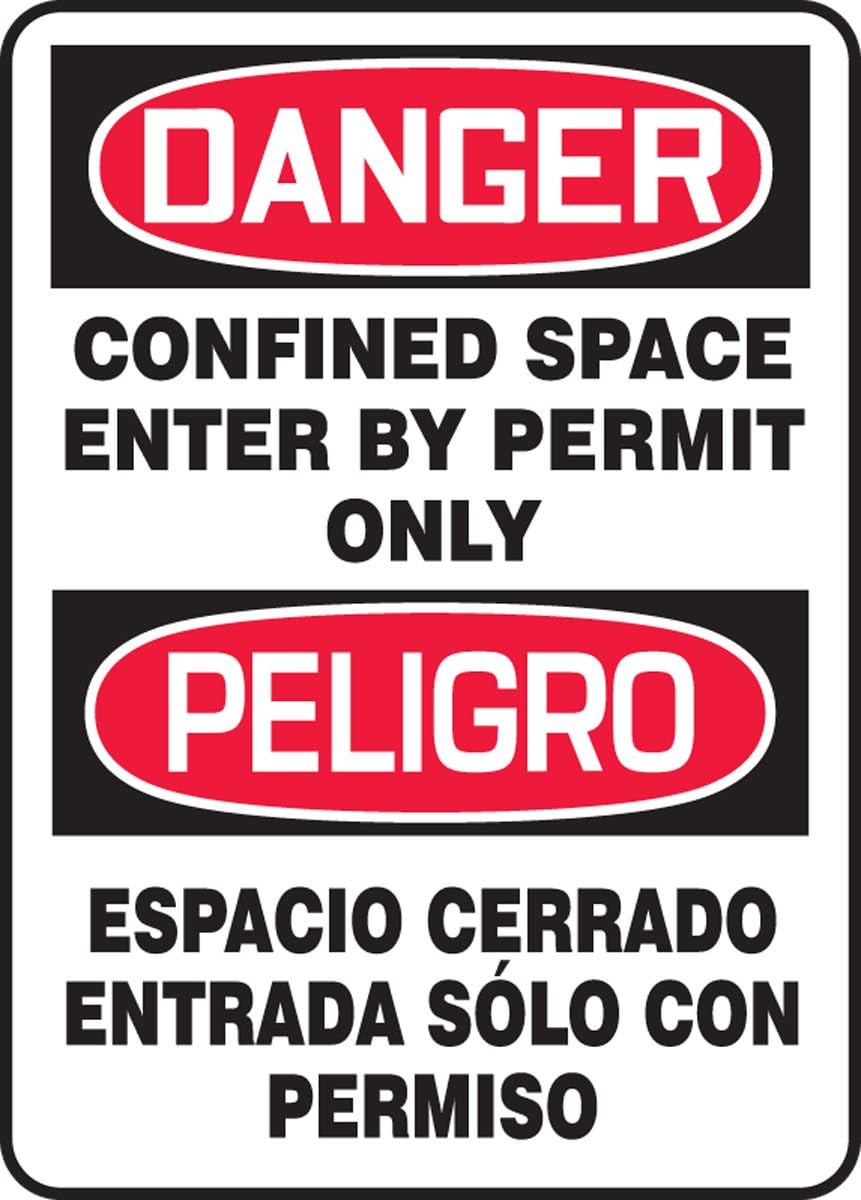 Accuform SBMCSP133VA Aluminum Spanish Bilingual Sign, Legend "Danger CONFINED Space Enter by Permit ONLY/PELIGRO ESPACIO CERRADO ENTRADA Solo CON PERMISO", 10" x 7" Width, Red/Black on White