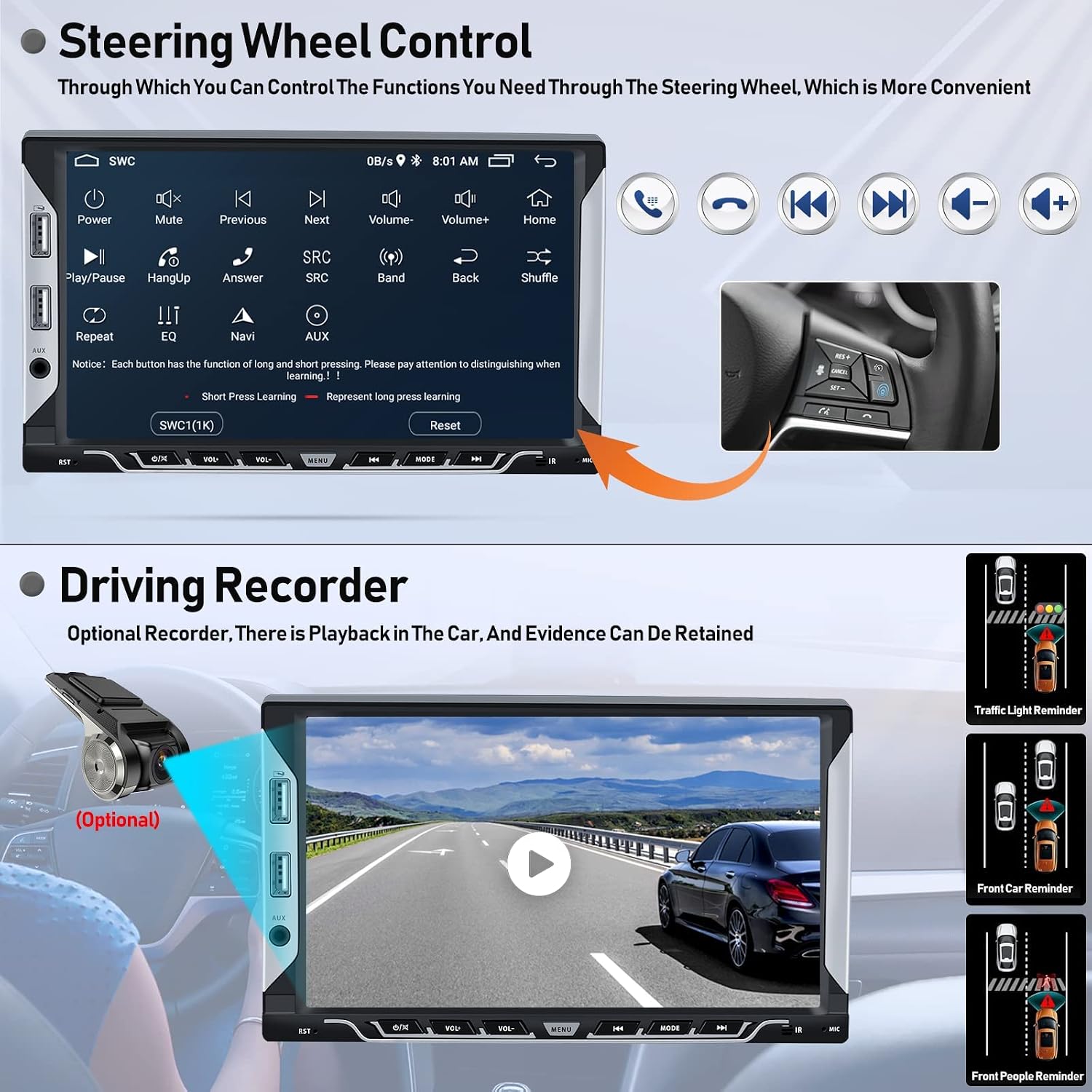 7" Android 11 Car Stereo Double Din Touch Screen Car Radio GPS Navigation Bluetooth Audio Receiver with WiFi FM Mirror Link + Dual USB Cable + Backup Camera + External Mic