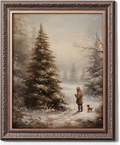 Arte de pared vintage de Navidad, impresión acogedora de casa de campo, estampado de pino de bosque de invierno de Papá Noel, decoración navideña,