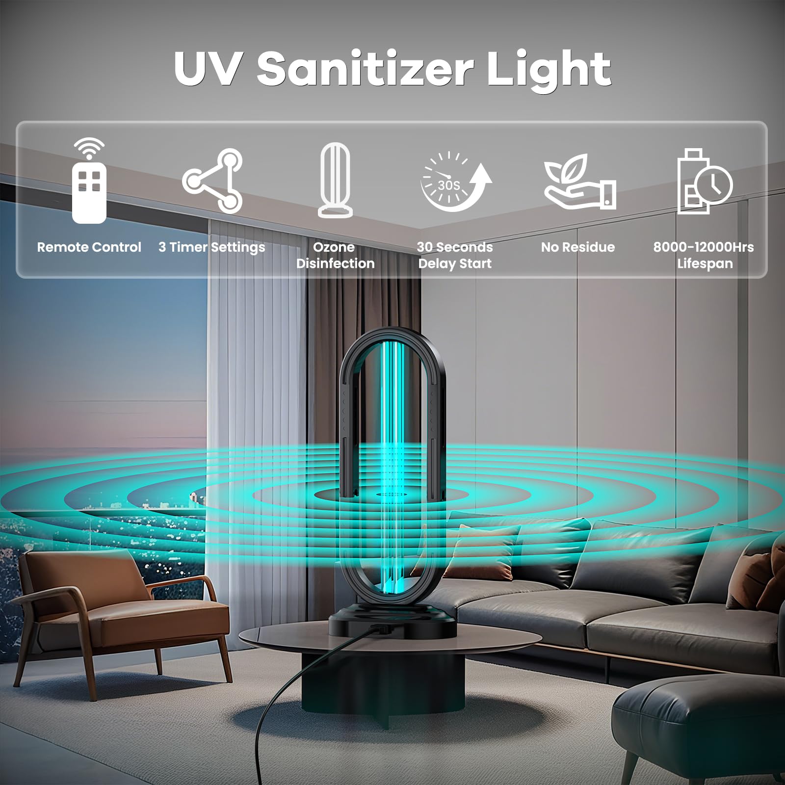 Desinfectante de luz UV, lámpara ultravioleta con control remoto para chinches y ácaros del polvo, dispositivo de desinfección del hogar, lámpara UV para el hogar, habitación y cocina, luz