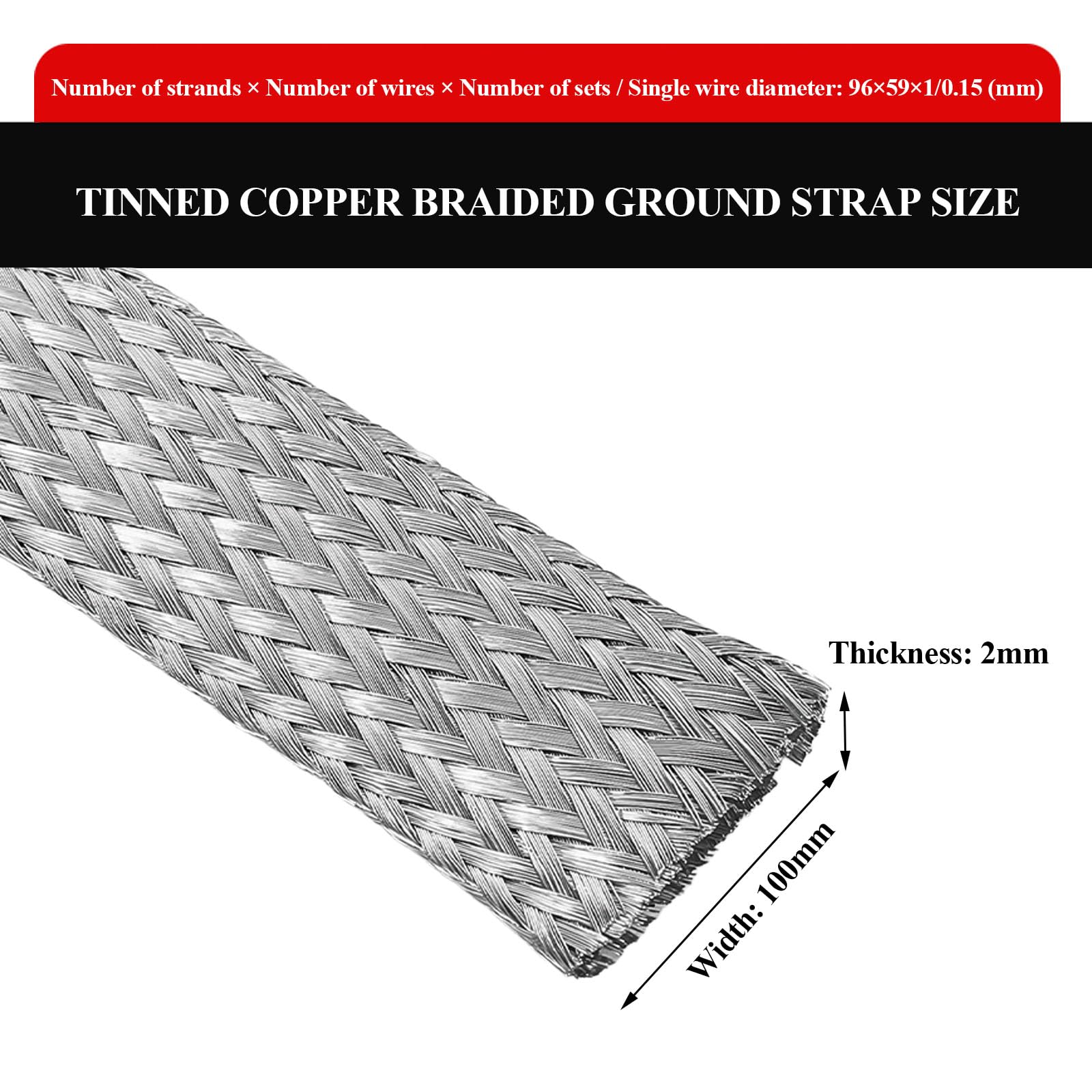 Erdungsband aus verzinntem Kupfergeflecht mit Metallhülse, Breite 5–100 mm, flexible Drahtlänge 1 Meter, geeignet for elektrische Verbindungen(Width 100mm)