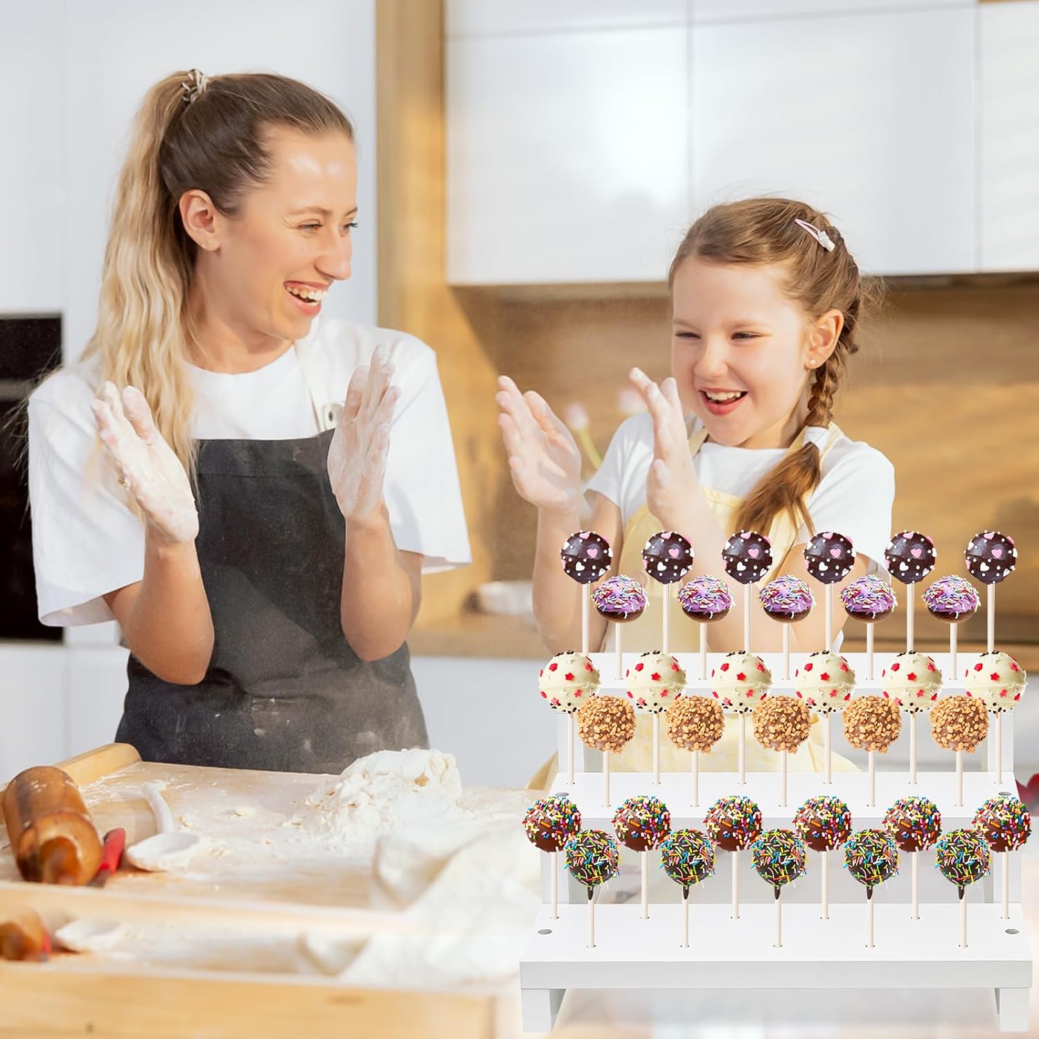 2Pcs Wood Cake Pop Display Stand, White Lollipop Holder 3 Tier with Twist Ties Lollipop Sticks, 33 Holes Sucker Storage Rack for Dessert Table of Wedding Birthday Party Christmas Day (B)