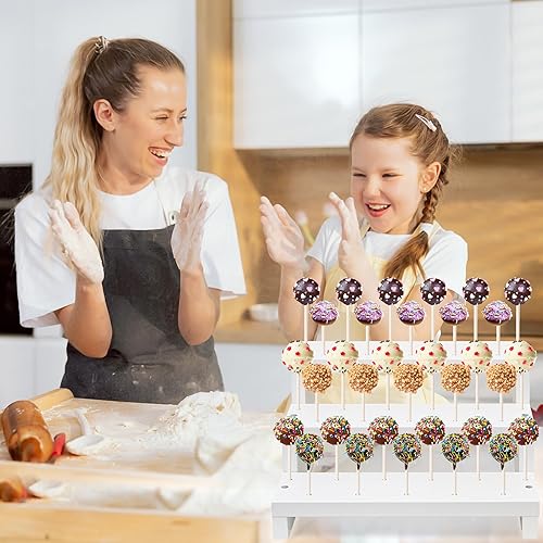 Miniatura 18 de 2 soportes de madera para tartas, soporte para paletas blancas de 3 niveles con lazos giratorios, palitos de piruleta, 17 agujeros para mesa