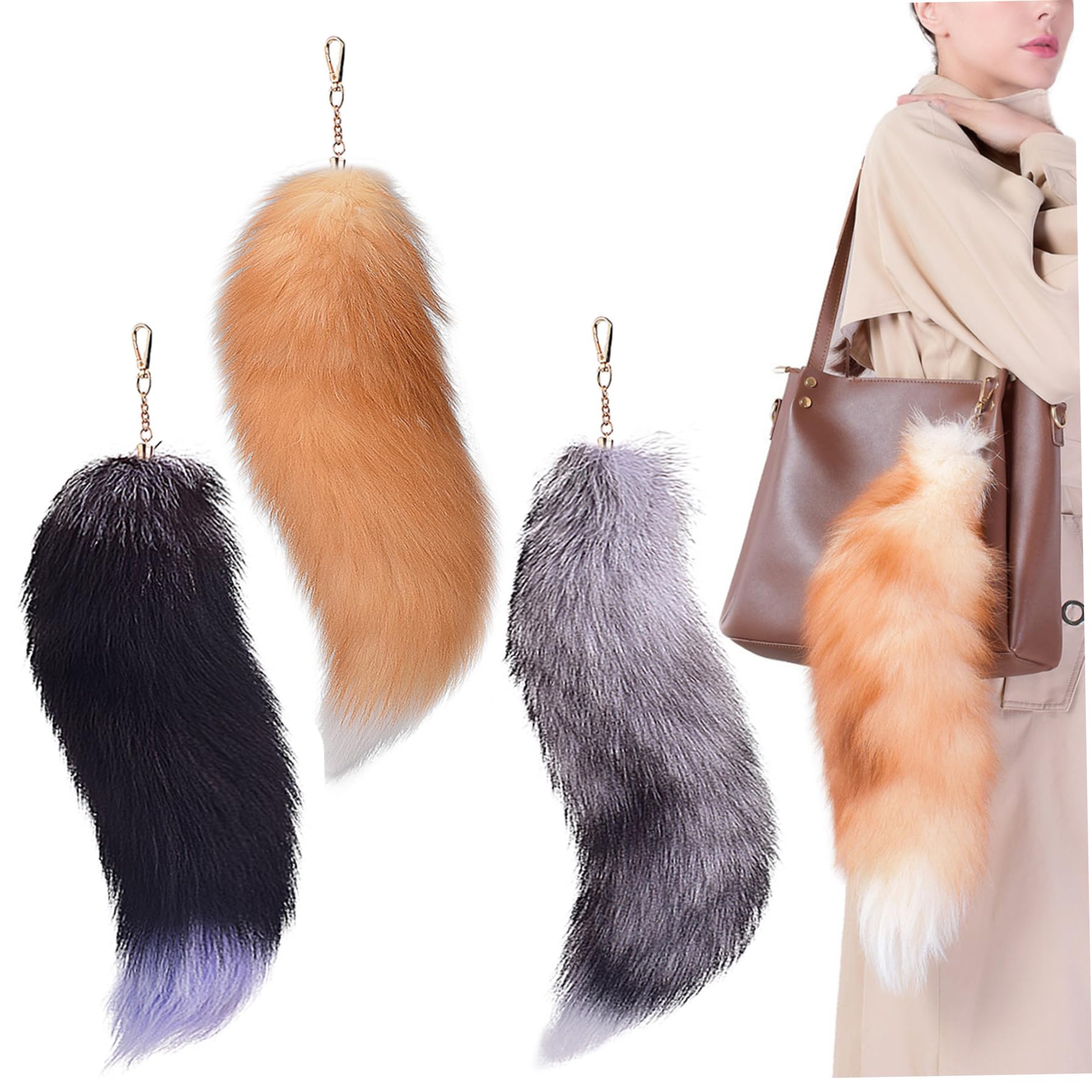 Peosaard Unisex Mixed Color Fox Tail Keychain, 3Pcs Therian Tail, 15.8 Inch Long Halloween Soft Fluffy Fox Keychain With Clasp For Women Adult Handbag Backpack, Tails