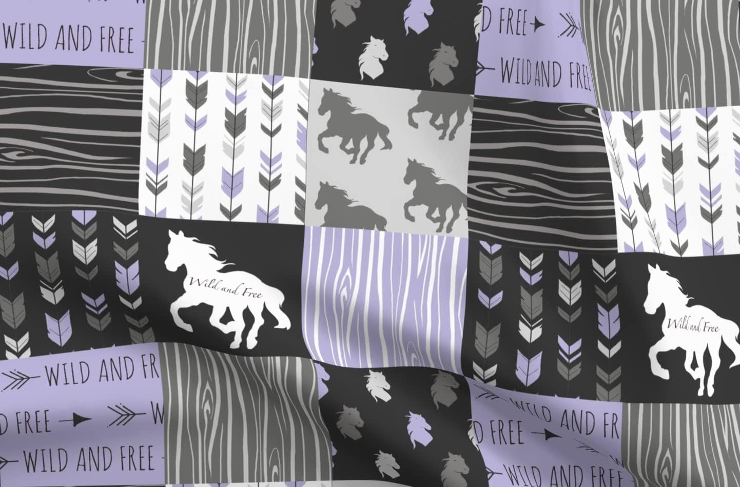 Spoonflower Fabric - Wild Horses Patchwork Lilac Black Grey Horse Lavender Printed on Organic Cotton Sateen Fabric by The Yard - Sewing Quilting Apparel Home Decor