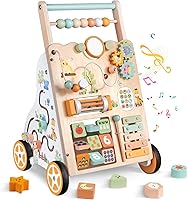 Weilim Wooden Montessori Baby Walker with 10 Activities, Adjustable Height & Speed Push Toy for Toddlers Learning to Walk (Natural)