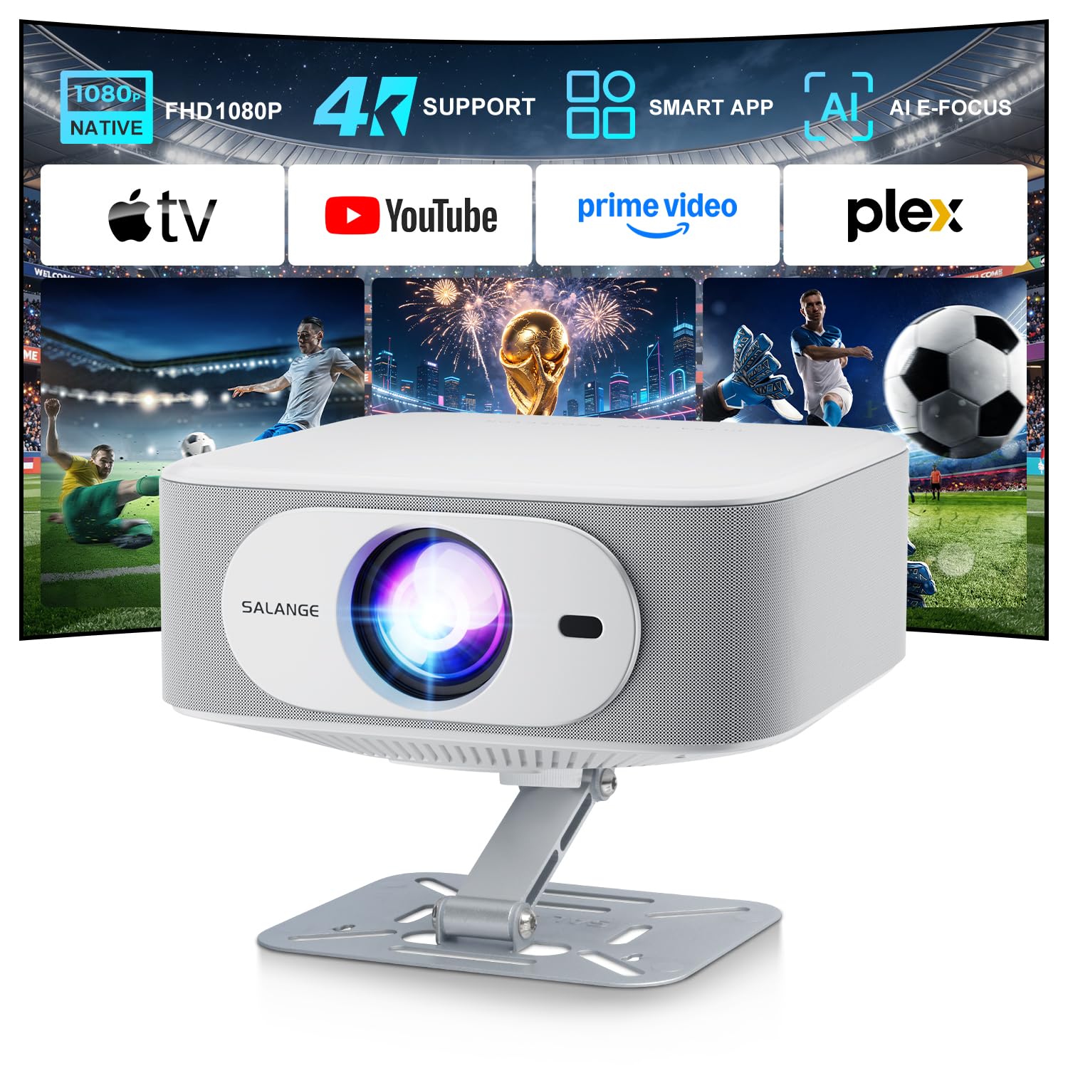 Salange Proyector Compatible 4K [1080P Nativo | Aplicación Integrada | Android 14], Proyector Inteligente WiFi6 y Bluetooth 5.4, Enfoque Electrónico y Autocorrección, Cine en Casa, Rotación 180°