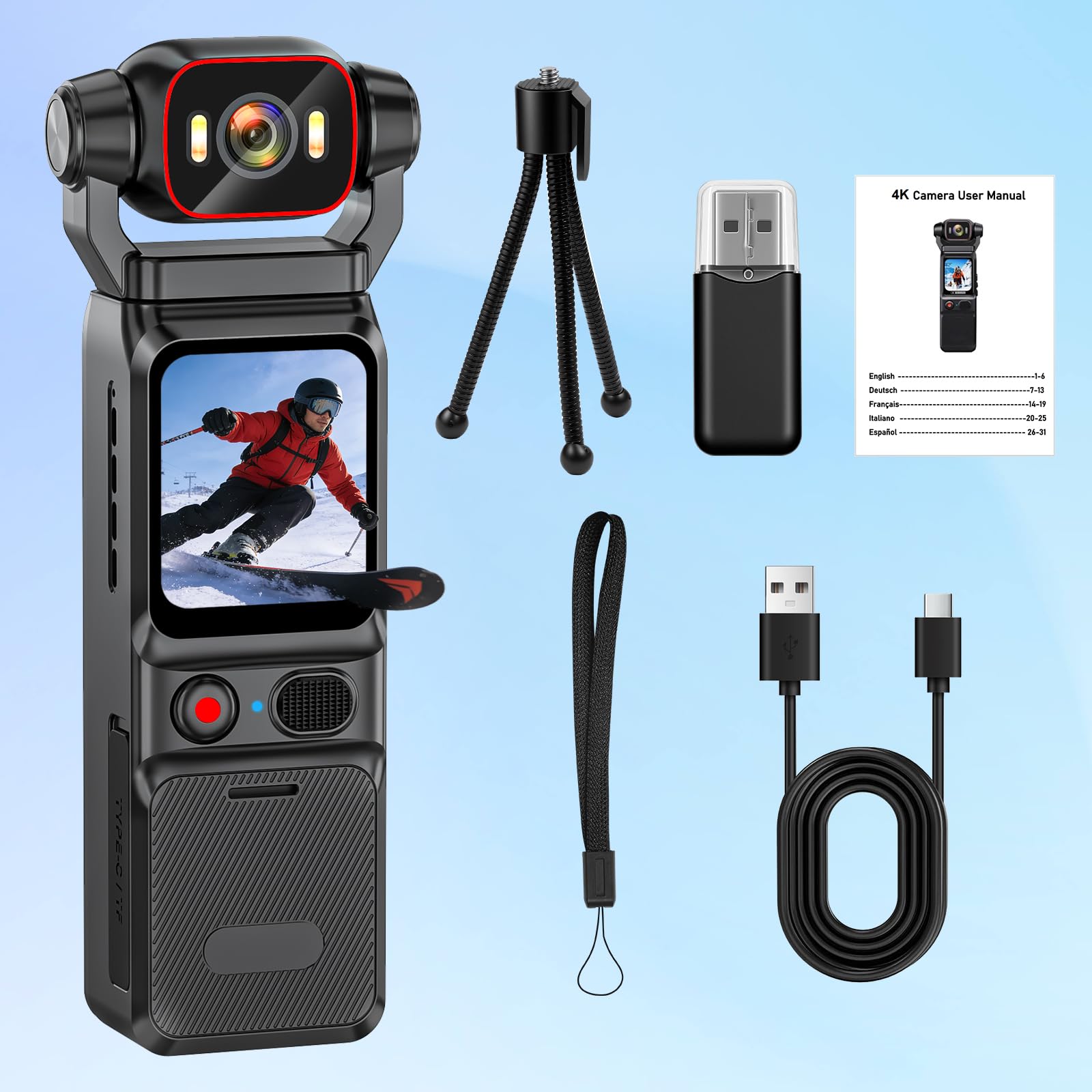 Caméra Vlog 4K Stabilisation 6 Axes WiFi Grand Angle, Moovora | Batterie 5h, objectif orientable 160°, LED intégrée, 256GB SD, écran