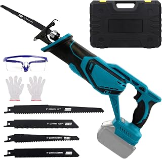 Cordless Reciprocating Saw Compatible with Makita 18V, Cordless Reciprocating Saw for Sawing Wood/Steel with 4x Reciprocating Saw Blades, Safety Glasses and Gloves (No Battery and Charger)