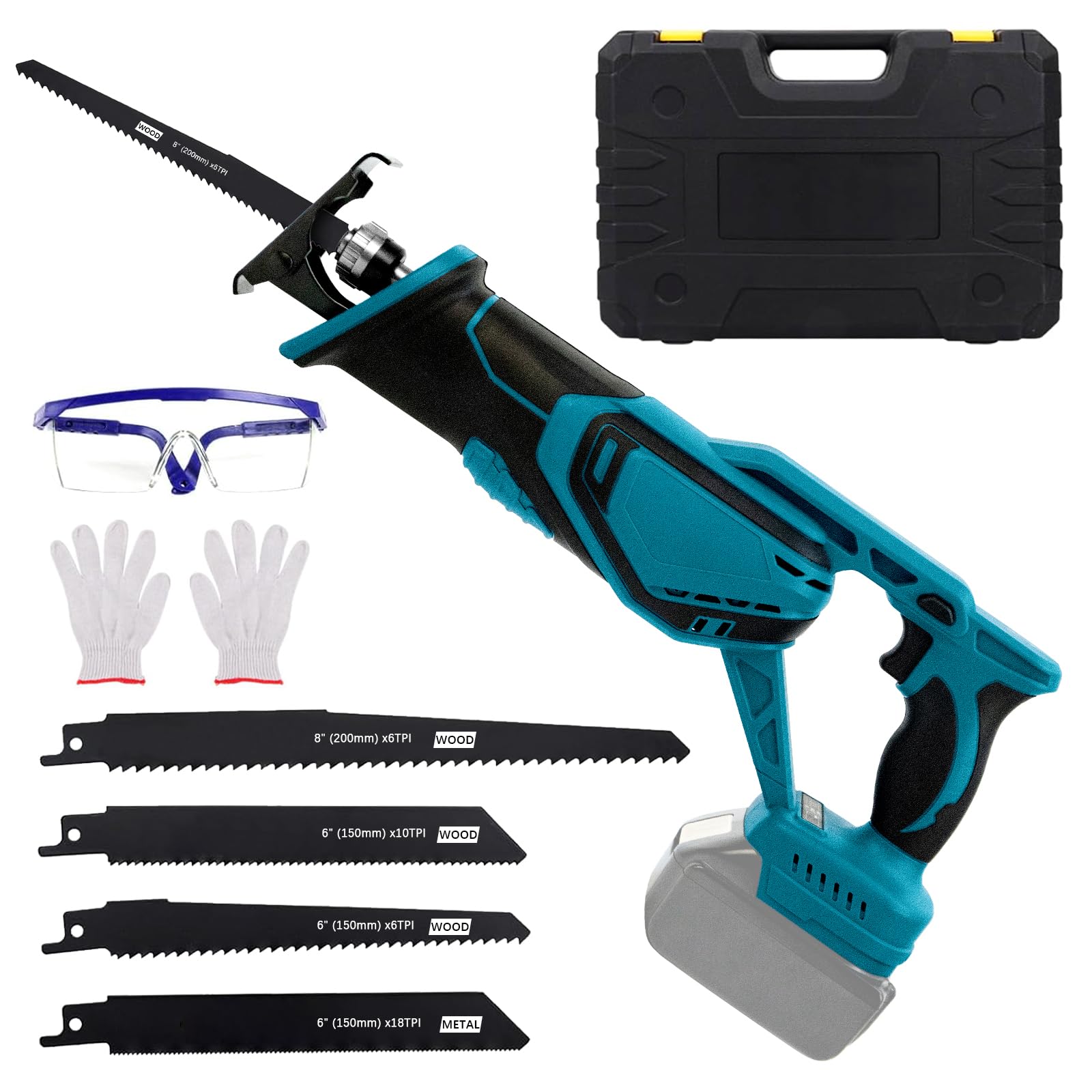 Scie Sabre Sans Fil Compatible avec Makita 18V, Scie Alternative Sans Fil pour Scier le Bois/Acier avec 4x Lames de Scie Alternative,Lunettes de Sécurité et Gants (Sans Batterie et Chargeur)