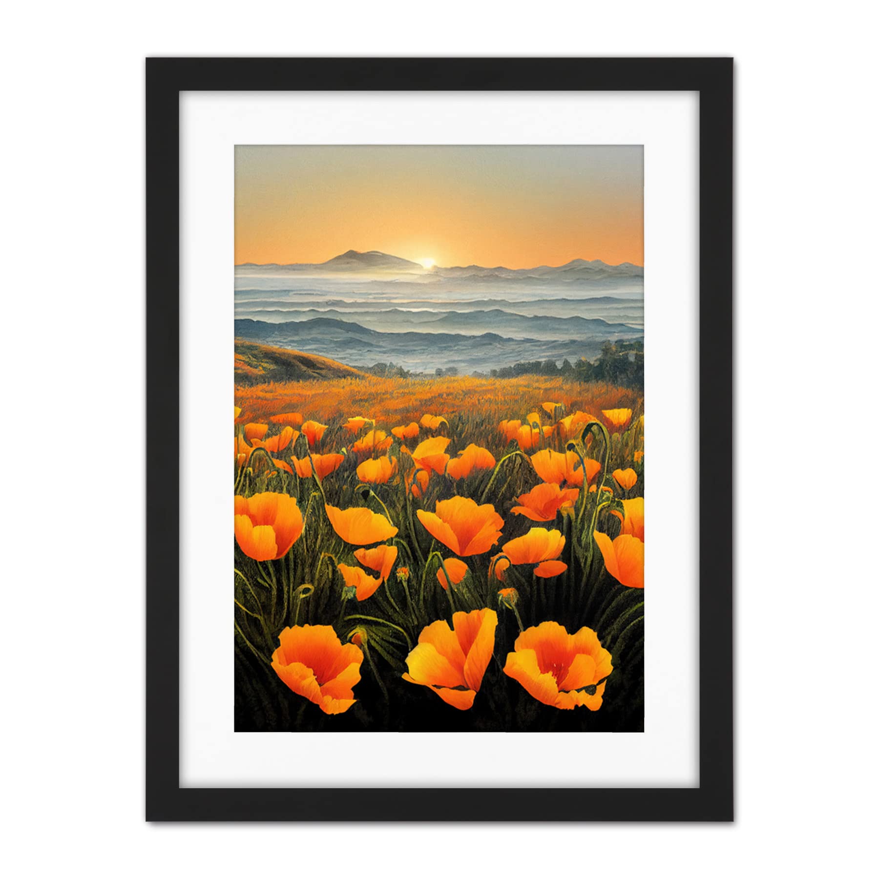 Doppelganger33 LTD Shoreline California Poppies At Sunrise Painting Artwork Framed Wall Art Print 18X24 Inch