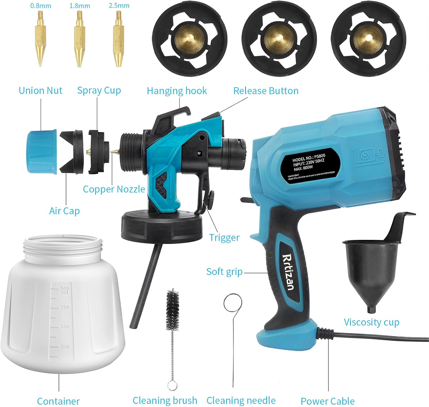 Rrtizan Paint Sprayer, 800W High Power HVLP Electric Spray Gun, 3 Copper Nozzle Kits & 3 Patterns, Easy Spraying and Cleaning, for Furniture, Fence, Car, Bicycle, Garden Chairs, Wall etc. : Tools & Home Improvement
