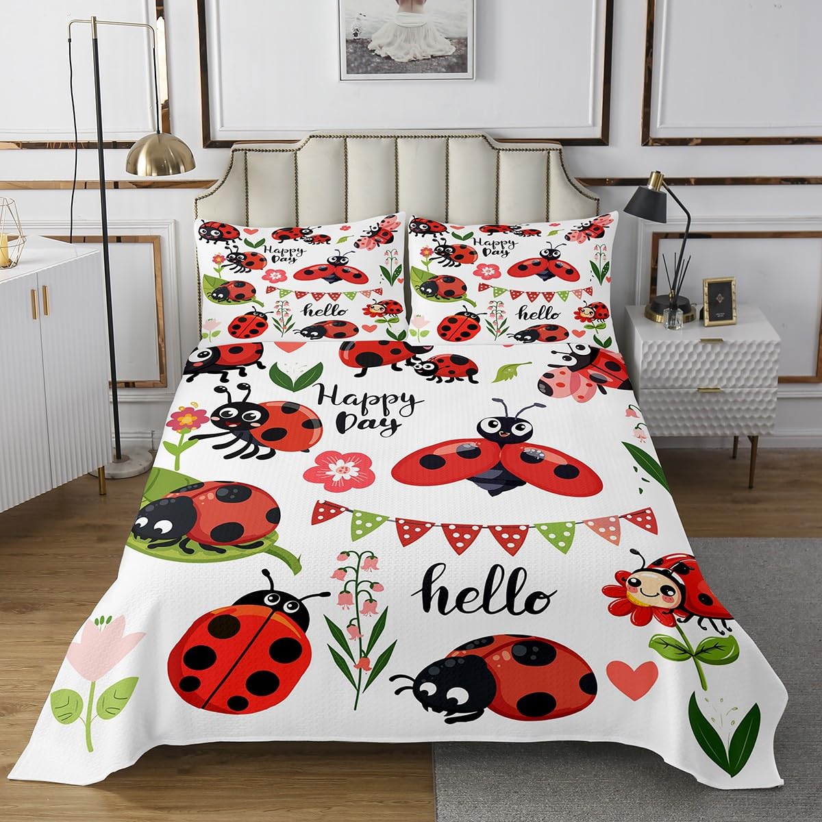 Erosebridal Cartoon Ladybug Queen Quilt Set for Kids Boys Girls Cute Insect Animal Coverlet Set, Pink Red Floral Flower Bedding Set Wild Ladybird Bedspread Set, Spring Garden Bed Quilt