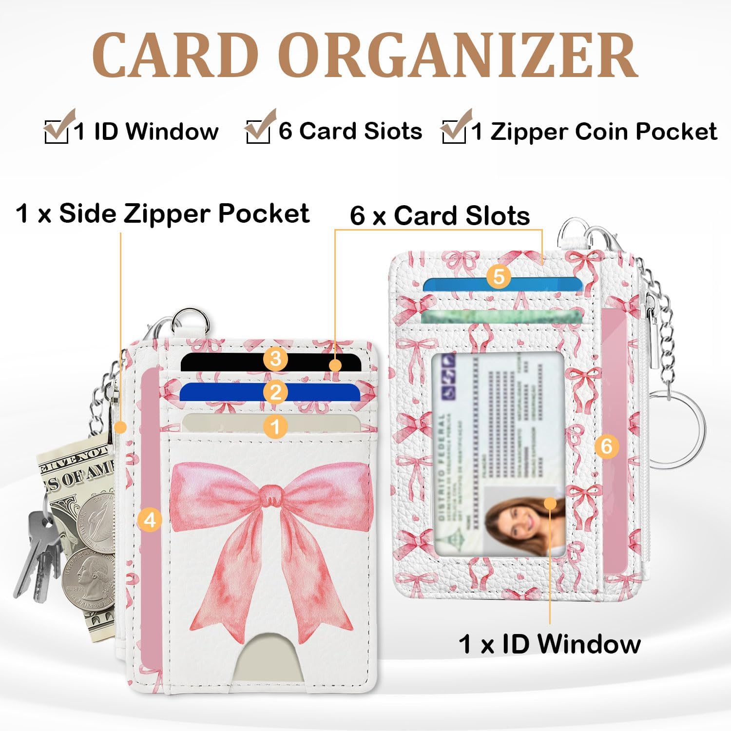 Cute Bow Credit Card Holder Wallet for Women, Pink Bow Slim RFID Blocking Small Wallet, Keychain Zipper Coin Pocket, Thin Front Pocket Card Holder Case with ID Window, Credit Card Holder Wallet Gift