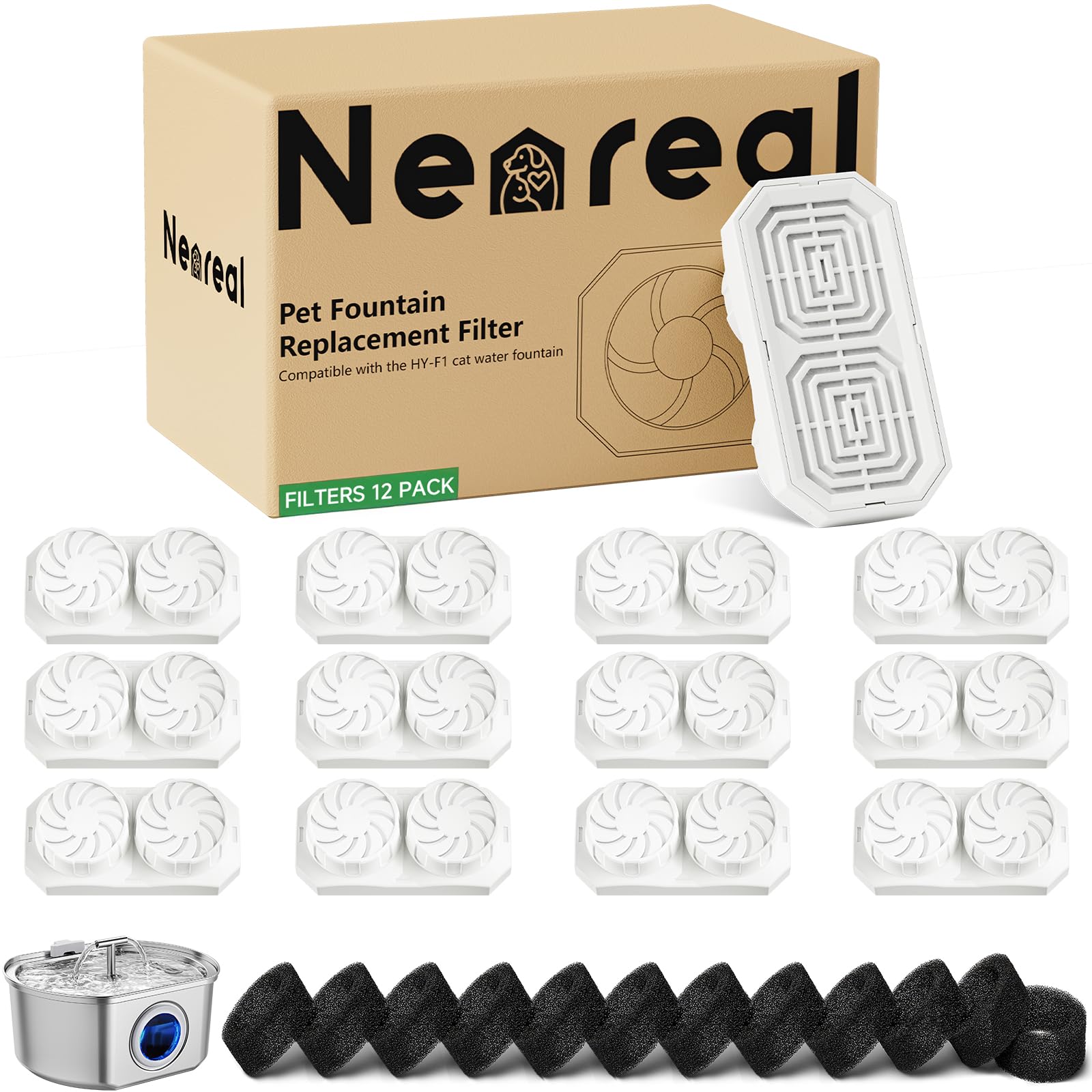 Official 12-Pack Replacement Filters with Pre-Filter Sponges for 108oz/3.2L Automatic Stainless Steel Pet Water Fountain