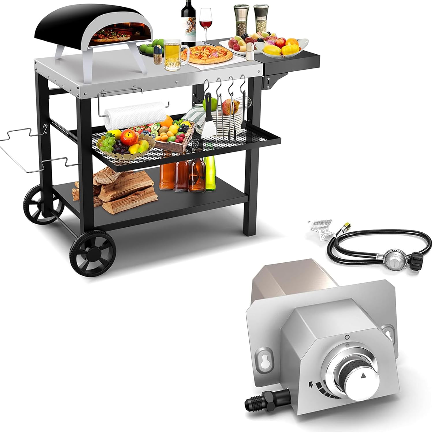 ThreeShelf Movable Outdoor Grill Table and Gas Burner