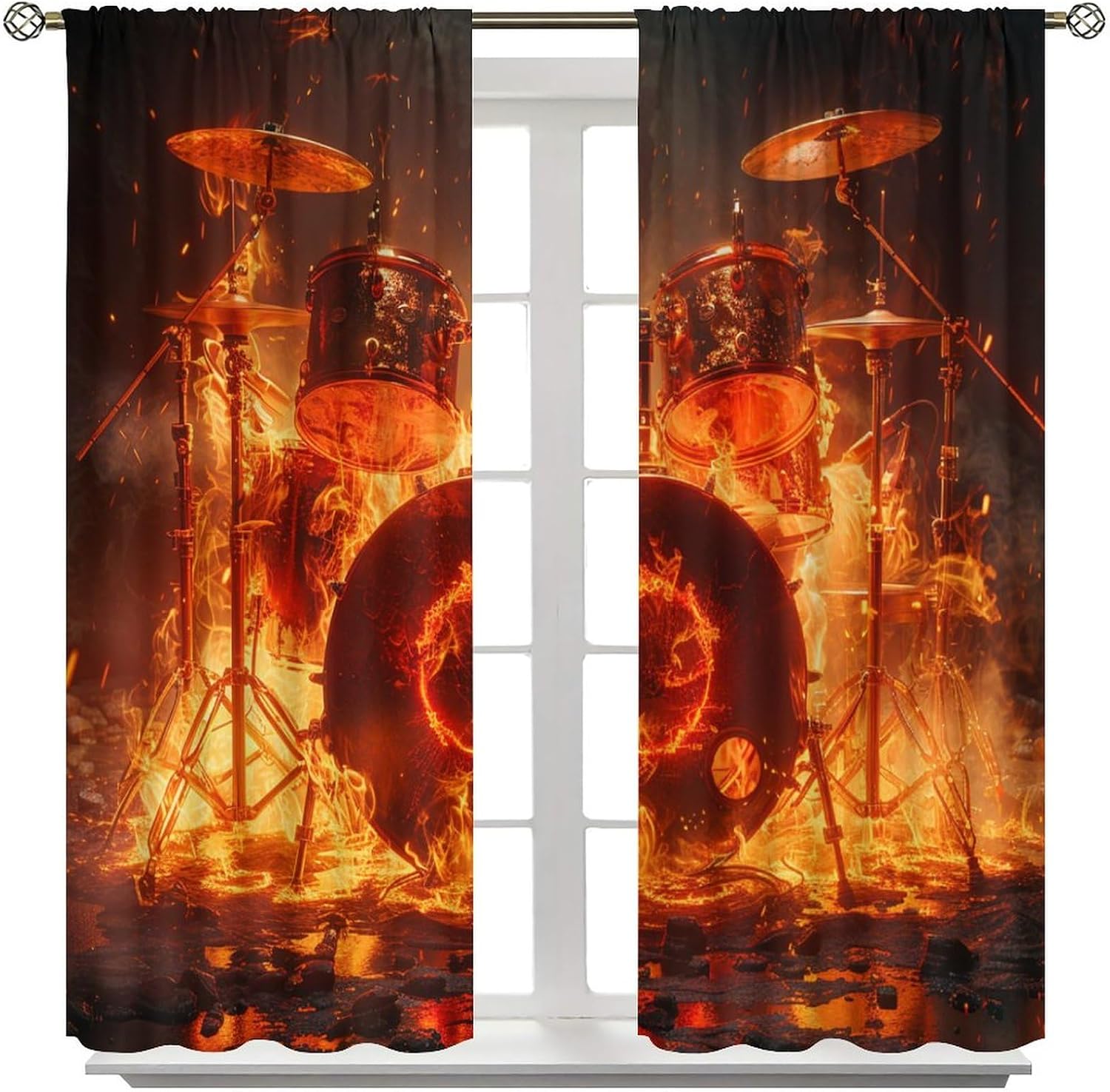 Abstract Drum Kit Blackout Curtains for Bedroom/Living Room, Rock Music Fire Fantasy Thermal Insulated Curtains Rod Pocket Window Drapes, 2 Panels/Each 21" W x 45" L