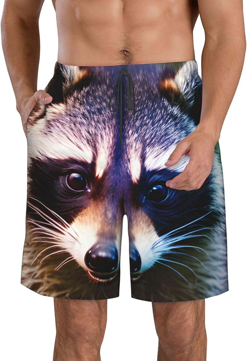 Mens Cute Raccoon Print Beach Shorts,Casual Summer Shorts for Men,Quick Dry Polyester