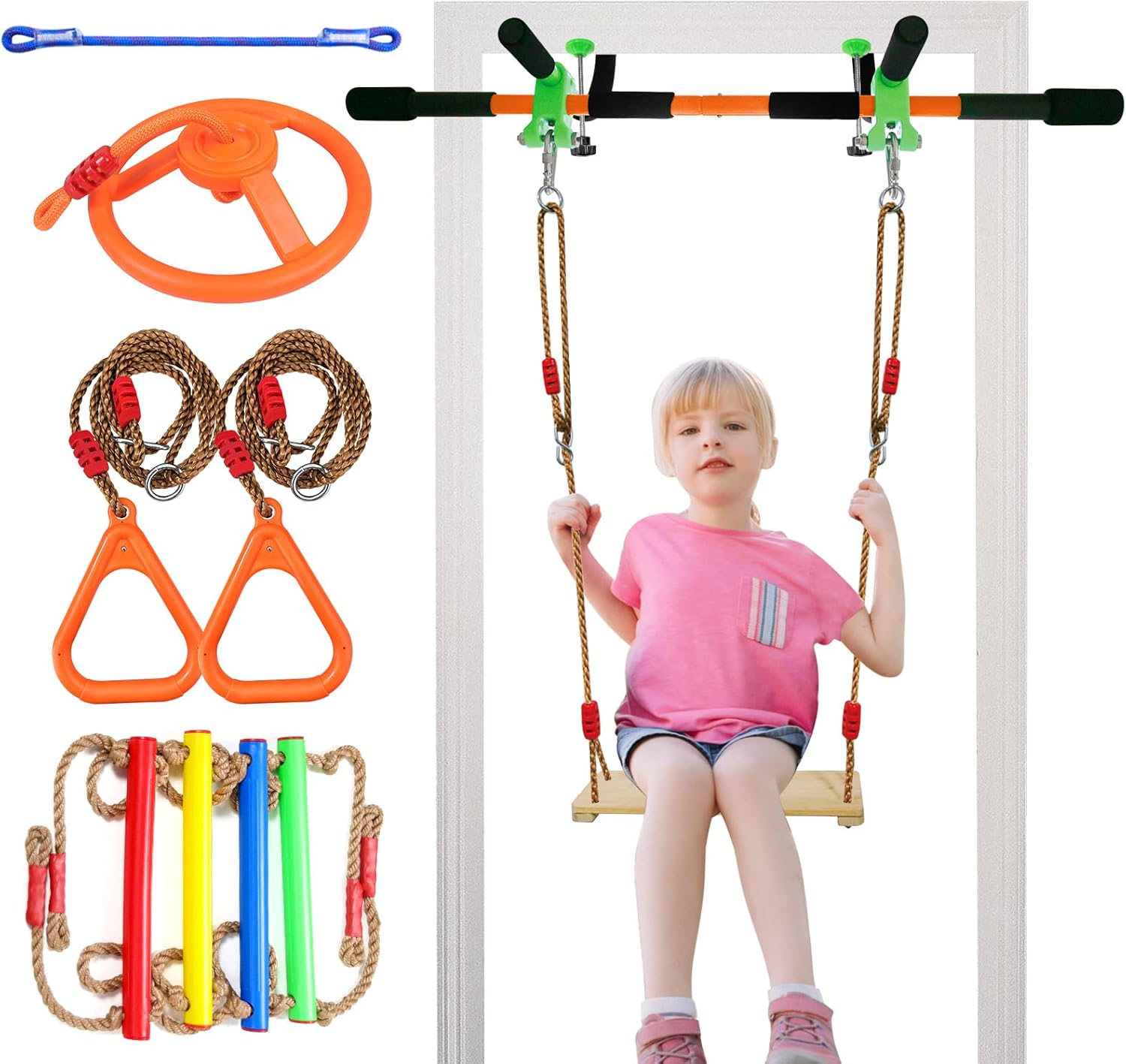 indoor kid swing, kids doorway swing, door pull up bar doorway with 4pcs, door pull up bar for Adults,doorway gym for kids with ladder rope，door swing(Orange)
