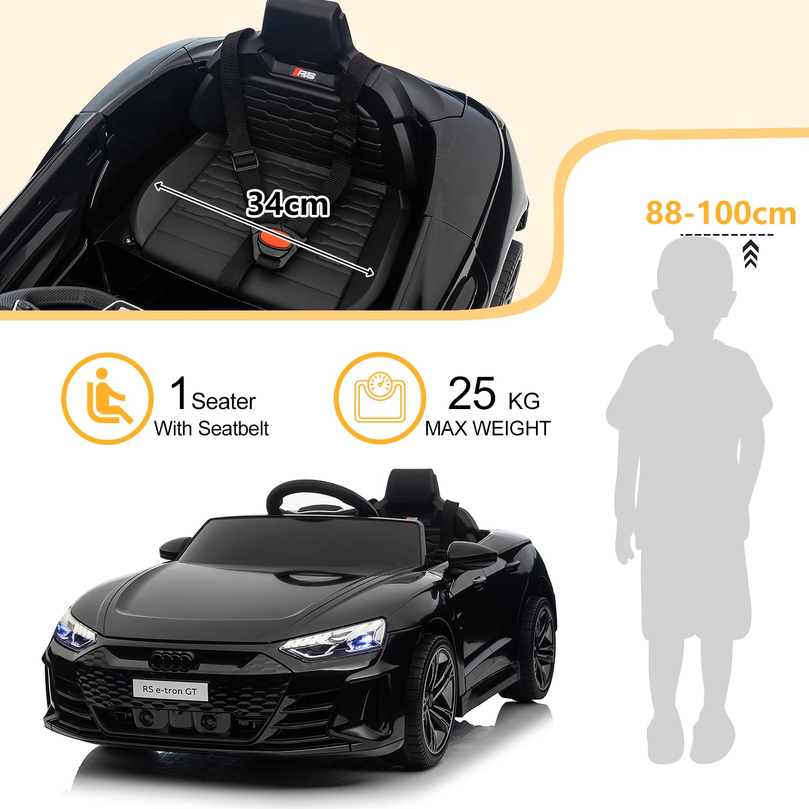 LEADZM Elektro Kinderauto 12V Kinder Elektroauto Kinderfahrzeug Schwarz | Musik & Hupe & Scheinwerfer, 3-5km/h für Kinder
