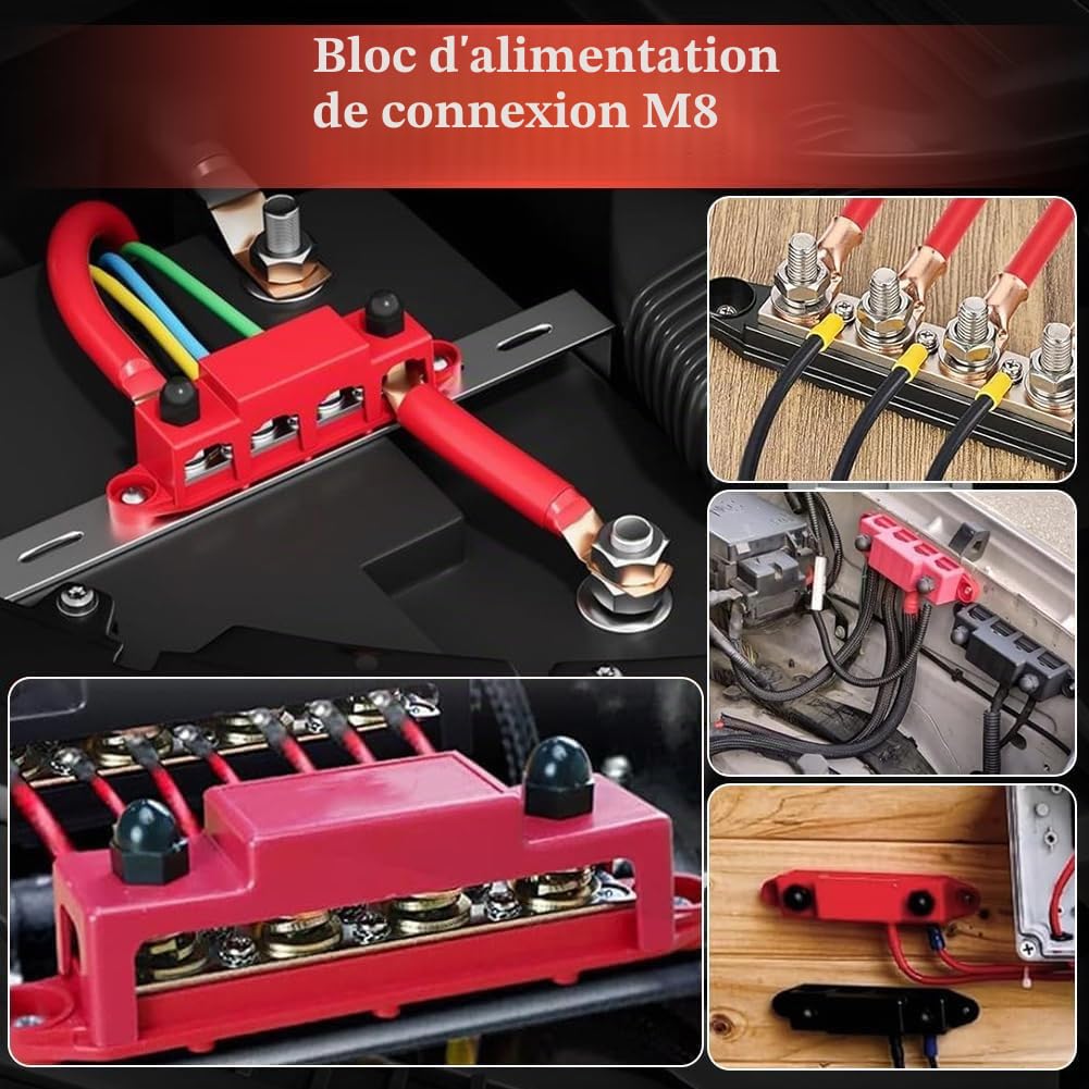 Lot de 2 rails de collecteur 12 V - 48 V CC - Bloc de distribution 250 A BusBar M8 - Avec 4 boulons de serrage M8 - Avec couvercle - Pour voiture, camping-car, bateau, yacht