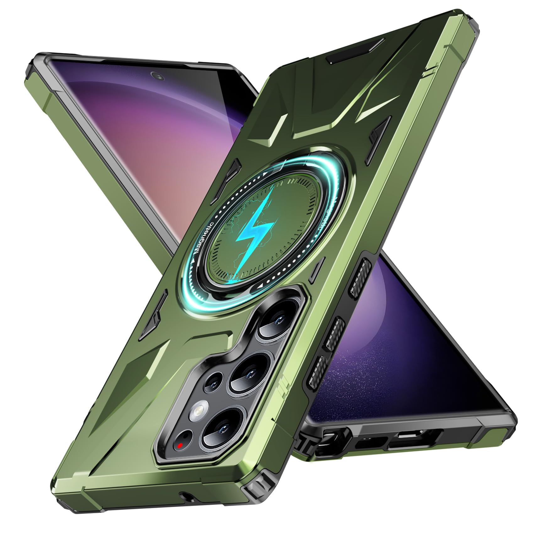 - for Samsung Galaxy S23 Ultra 5G Case with Magnetic Stand,Compatible with Magnetic,with Ring Holder,Lens Protecto,Full Body Rugged Bumper Shockproof Protection Phone Case,6.8in Green JUS08-06