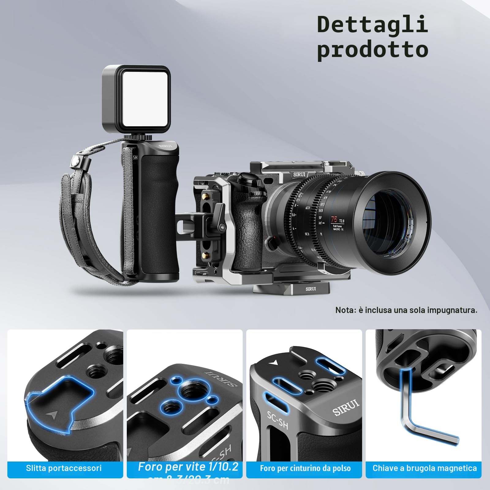 SIRUI SC-SH Maniglia Laterale con NATO e 3/8"-16 Locating Pin per ARRI, Impugnatura Ergonomica Laterale in Alluminio per Gabbie per Fotocamere, 50 mm Regolabile Su/Giù, Attacco Cold Shoe Incorporato