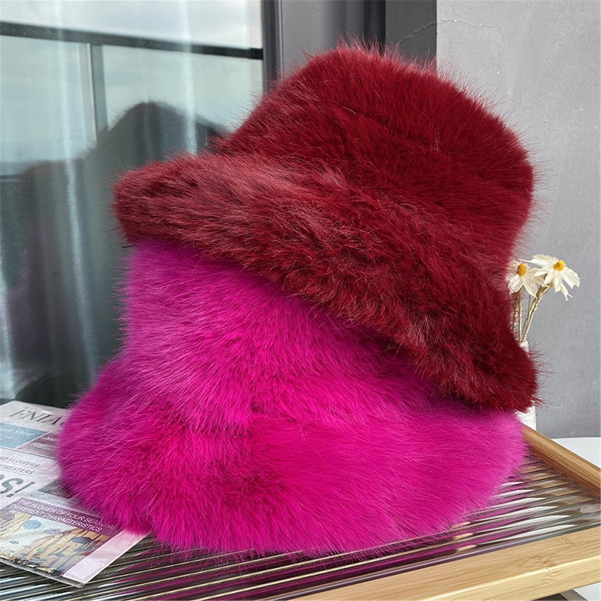 Plush Red Faux Fur Winter Hat Hot Red Faux Fur Bucket Hat: Elegant Winter Fashion - Etsy main image 4