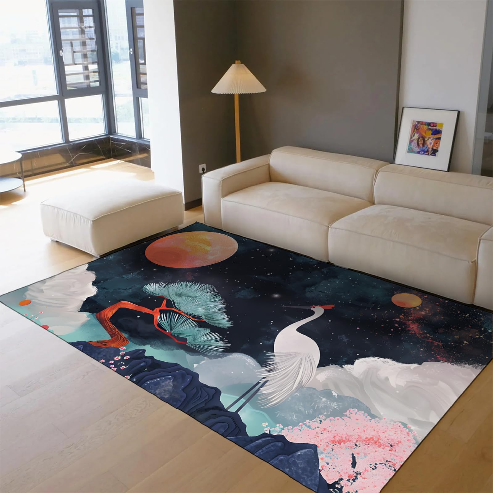 Dywaniki z fantazyjną sceną akwarela gwiaździste niebo księżyc żuraw wzór estetyczny dywan z antypoślizgowym wzorem do salonu sypialni biura 160 x 230 cm