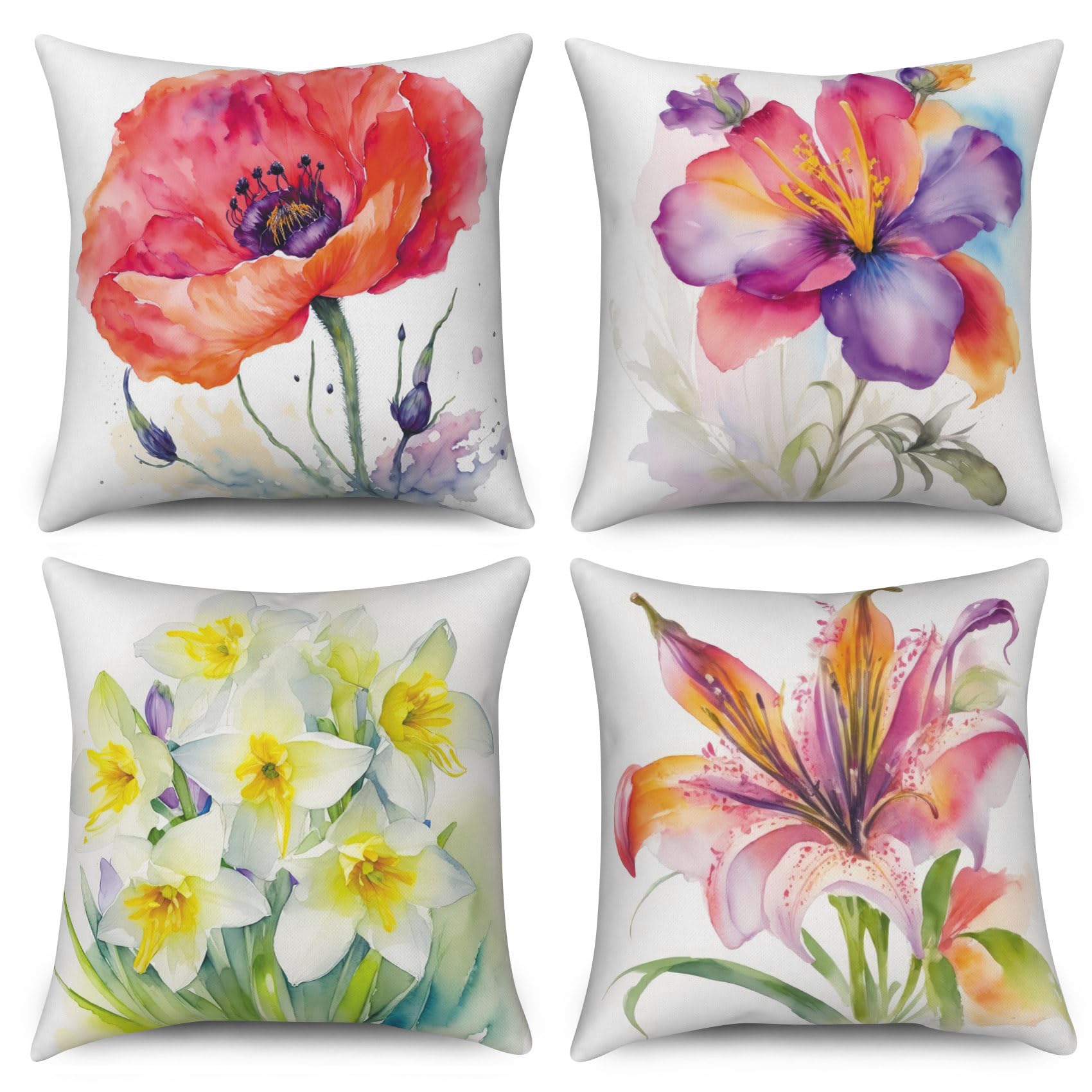 ASDCXZ Flower Pillow Cover 60x60 cm 4er Set, Spring Watercolor Red White Purple Flowers Green Leaves Sofa Deco Pillow Covers Pillow Cover Washable Polyester Textile Outdoor Pillow Cover Pillow Cover