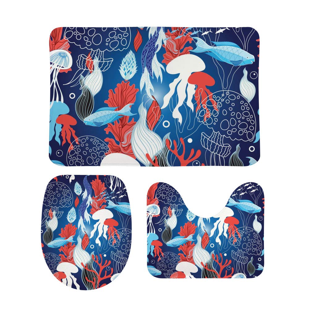 Tapis de salle de bain bleu foncé en mousse douce absorbante motif méduse