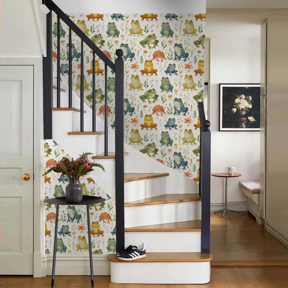 18"x236" Boho Cartoon Frogs Peel and Stick Self Adhesive Wallpaper Removable Contact Paper Stick on Easy Peel Off Wall Paper for Kitchen Bedroom Bathroom Renter