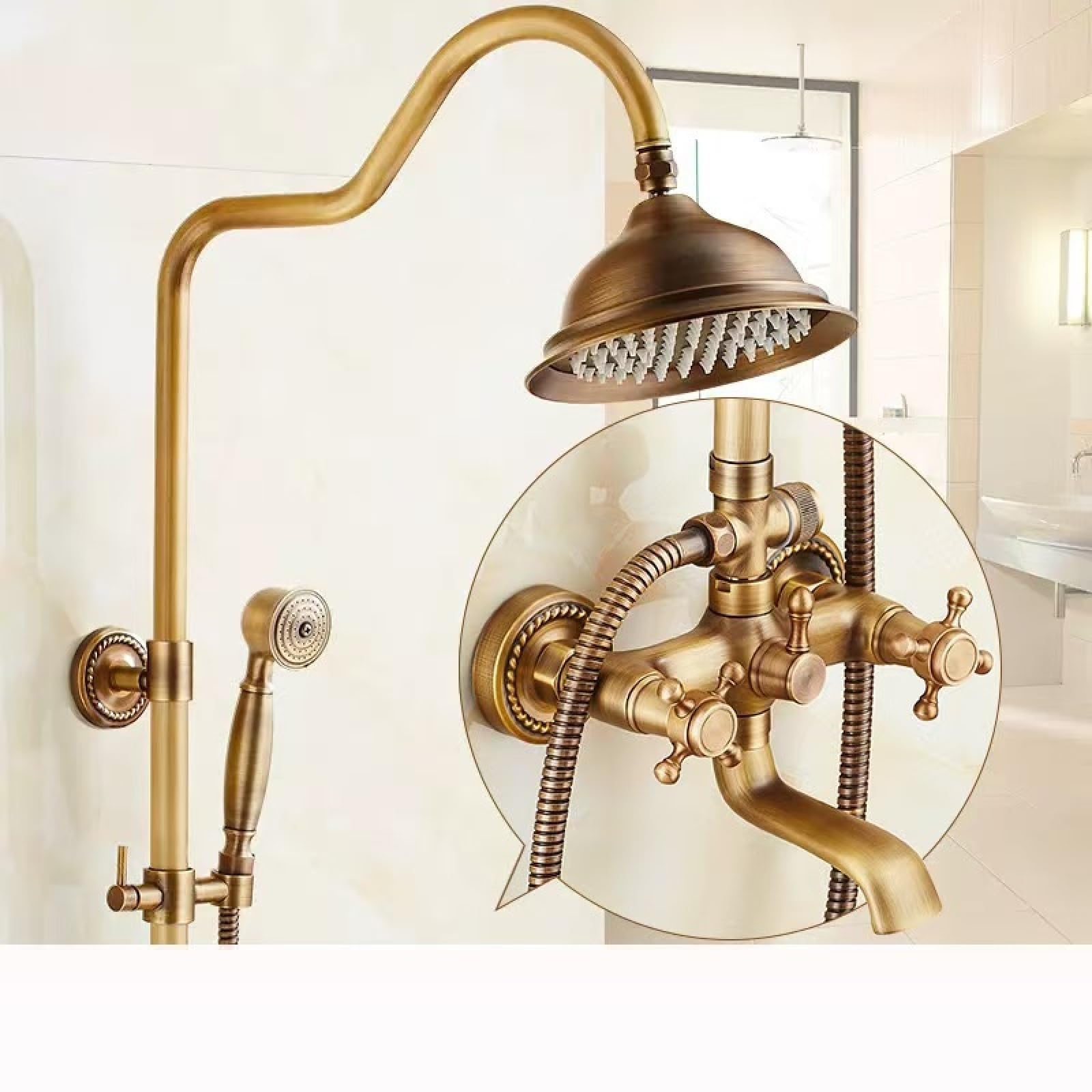 Fanjubei Women's Question Mark Tube - Seven Communications All-Copper Antique-Style Shower And Shower Set, Shower Faucet Question Mark Tube - Qitong Style