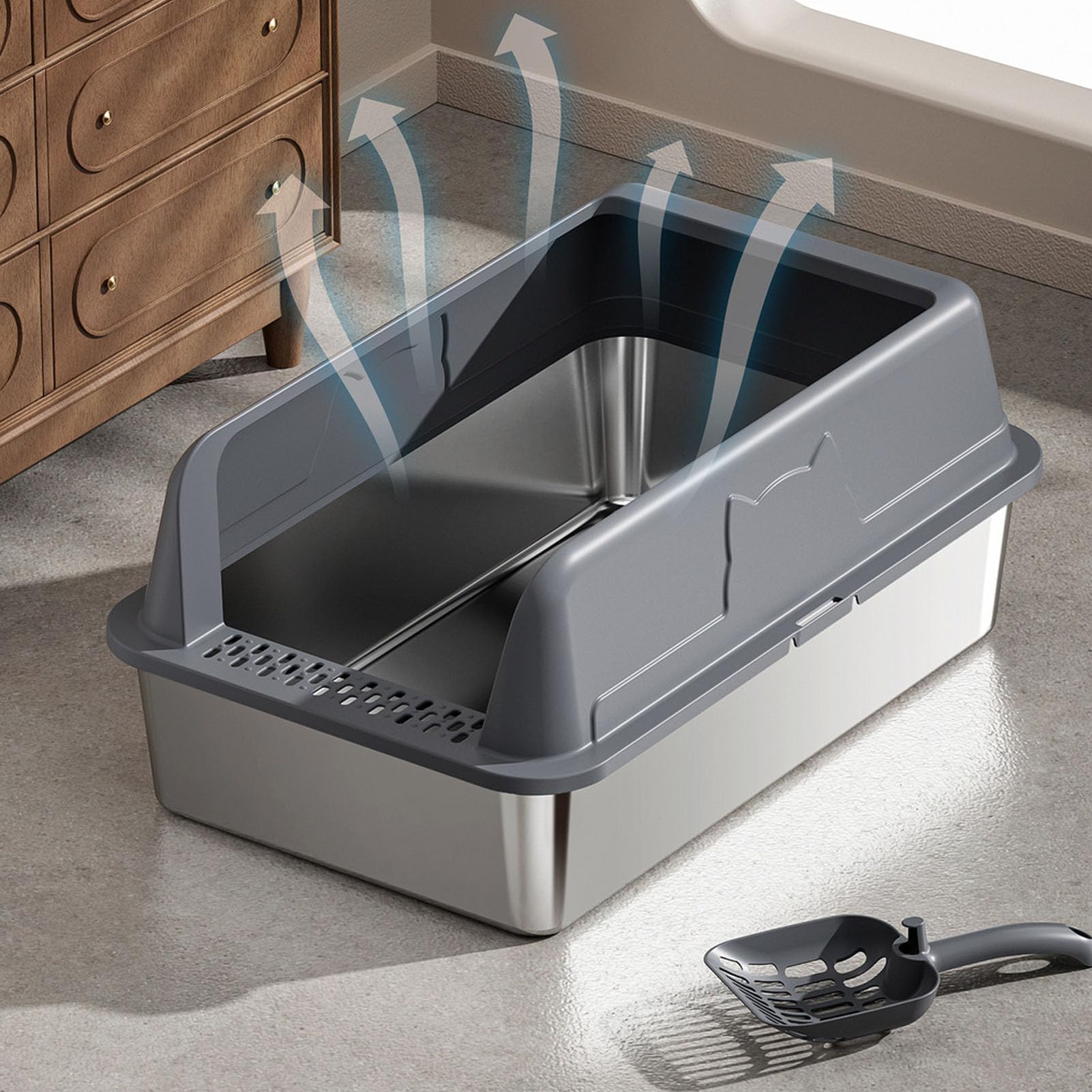 Luocute Arenero Extragrande de Acero Inoxidable para Gatos, Cerrado, Tapado, Sellado, Diseño de Laterales Altos, Antifugas, Fácil de Limpiar, para Gatos Grandes, Uso en Interiores. (Gris Oscuro)