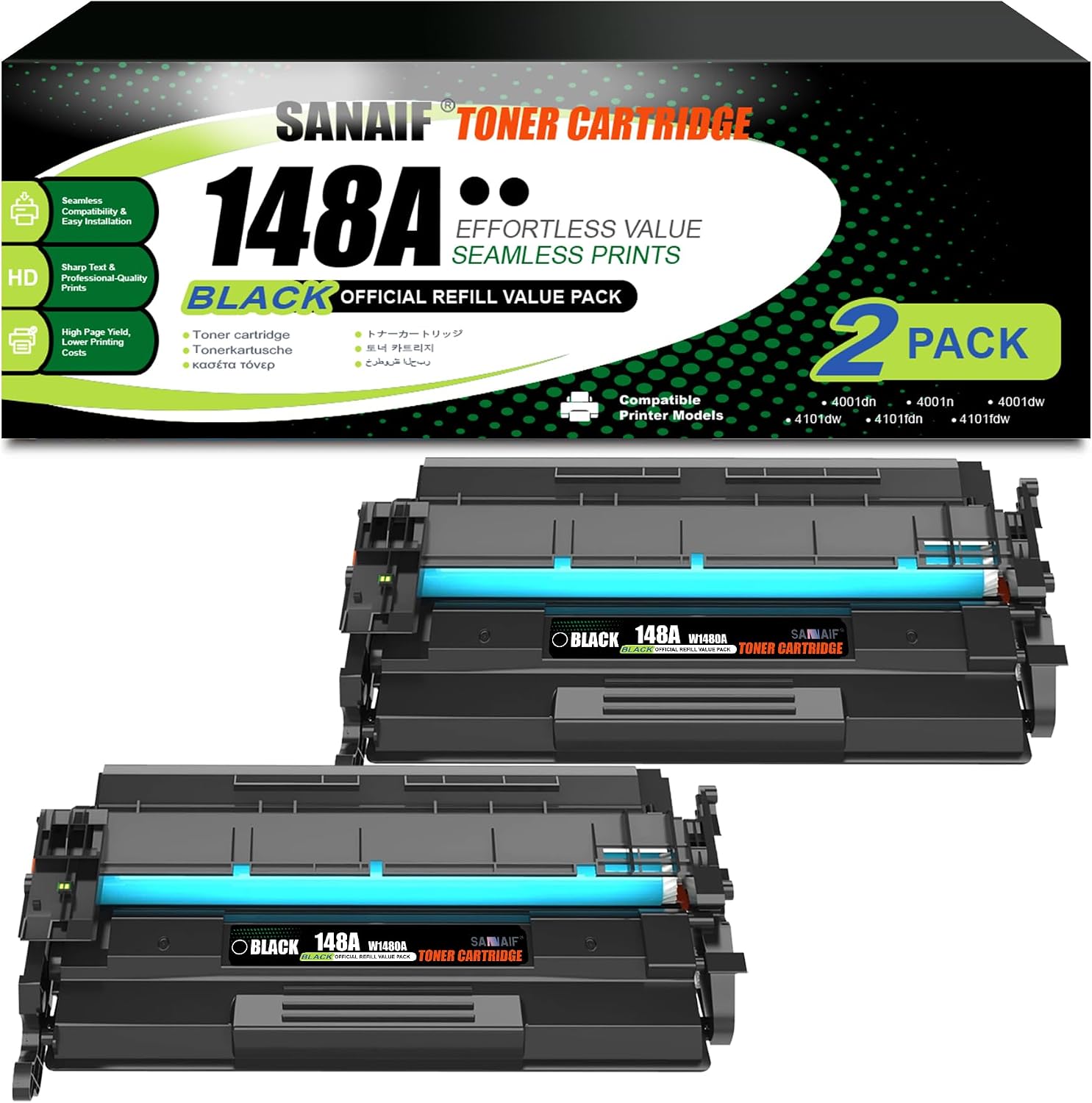 148A W1480A High Yield Pages Black Toner Cartridges (with Chip) Compatible for hp 148A W1480A Work with LaserJ Pro Series 4001dn 4001dne 4001dw MFP Series 4101dw 4101dwe 4101fdn Printers|W1480A (2BK)