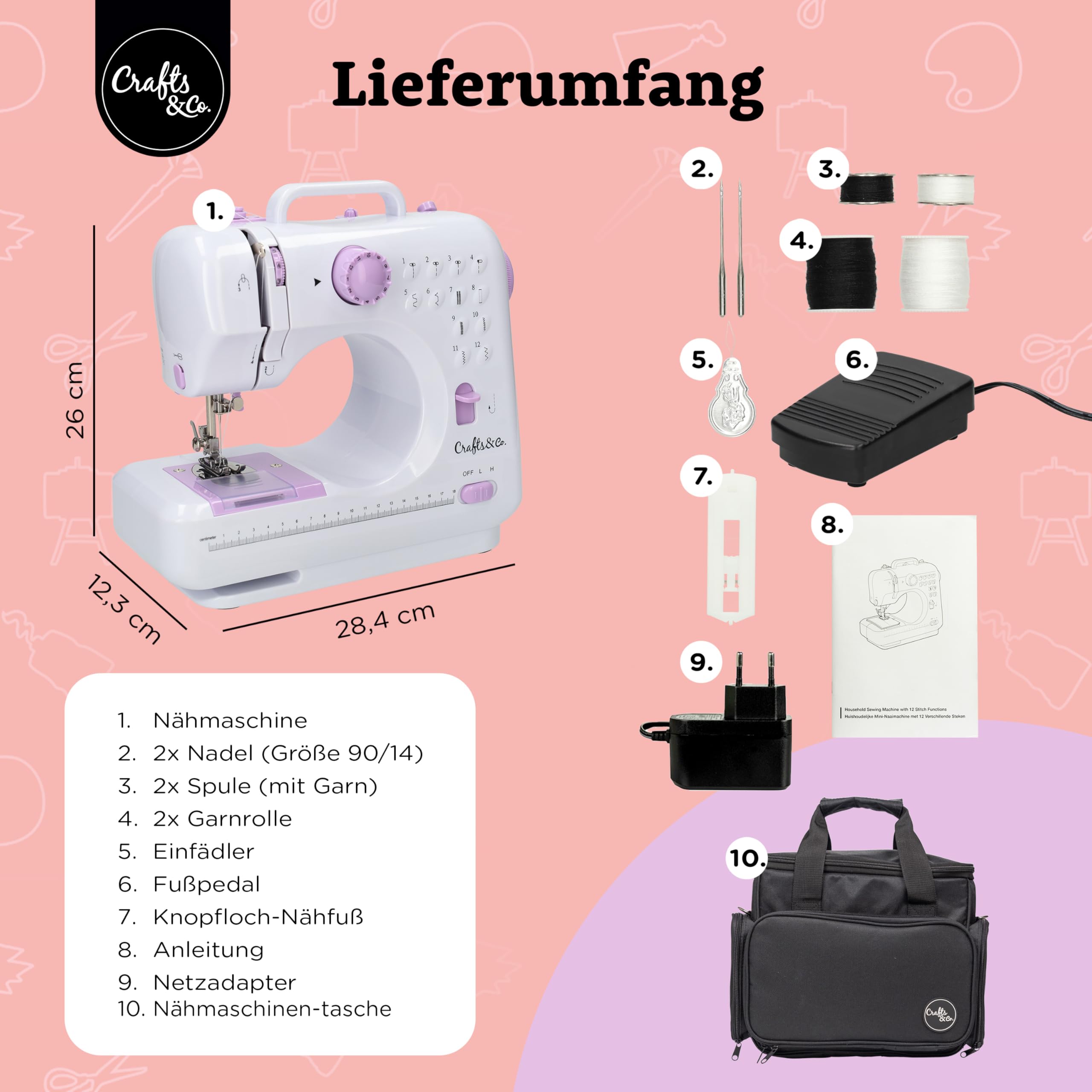 Crafts&Co® Nähmaschine & Tasche Combideal | Mini-Nähmaschine für Anfänger mit 12 Stichen | Nähmaschinentasche mit Staufächern