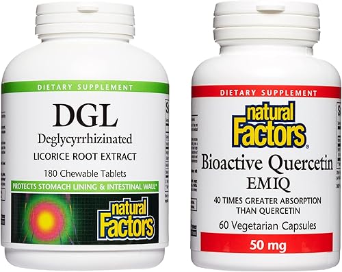 Natural Factors, DGL masticable, 400 mg (180 tabletas) y EMIQ de quercetina bioactiva, 50 mg (60 cápsulas) para la salud digestiva y respiratoria