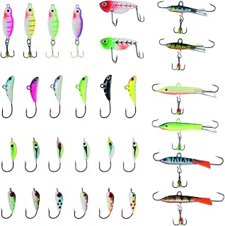 BASSDASH Ice Fishing Lure Kit Glowing Paint Jigs for Winter Ice Jigging Crappie Sunfish Perch Walleye Pike with Tackle Box