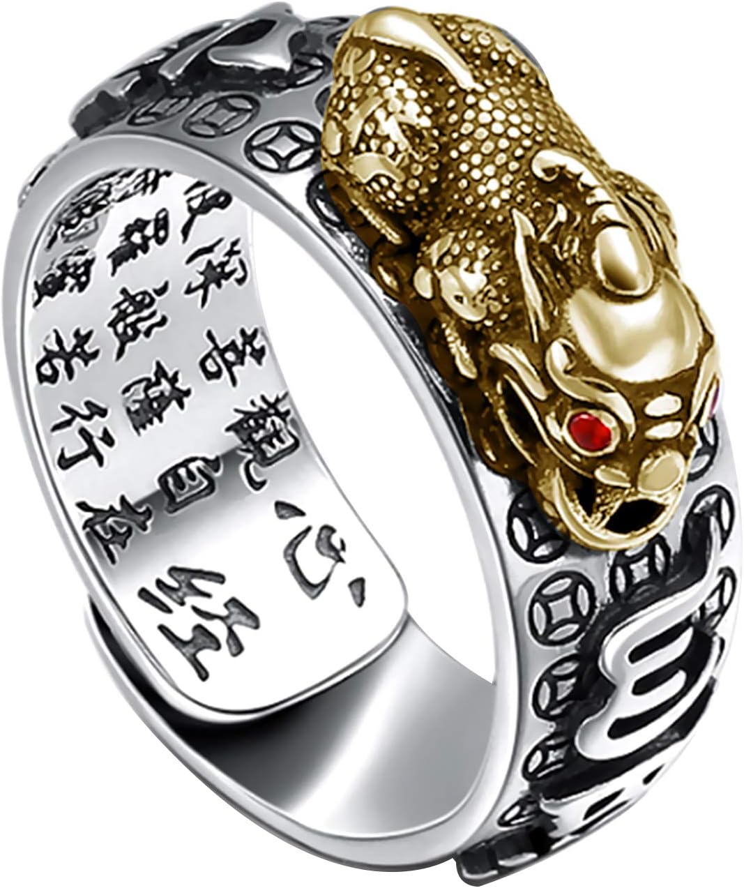 HJ HUAJ990 Silver Feng Shui PiXiu Adjustable Ring MANI Mantra Protection Wealth Ring