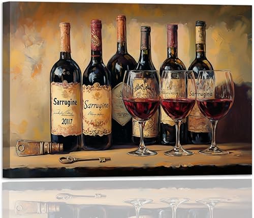 YMXDYMJSW Arte de pared de vino, decoración de cocina, vino tinto vintage con copa de vino, cuadros en lienzo, impresiones rústicas de granja, obras