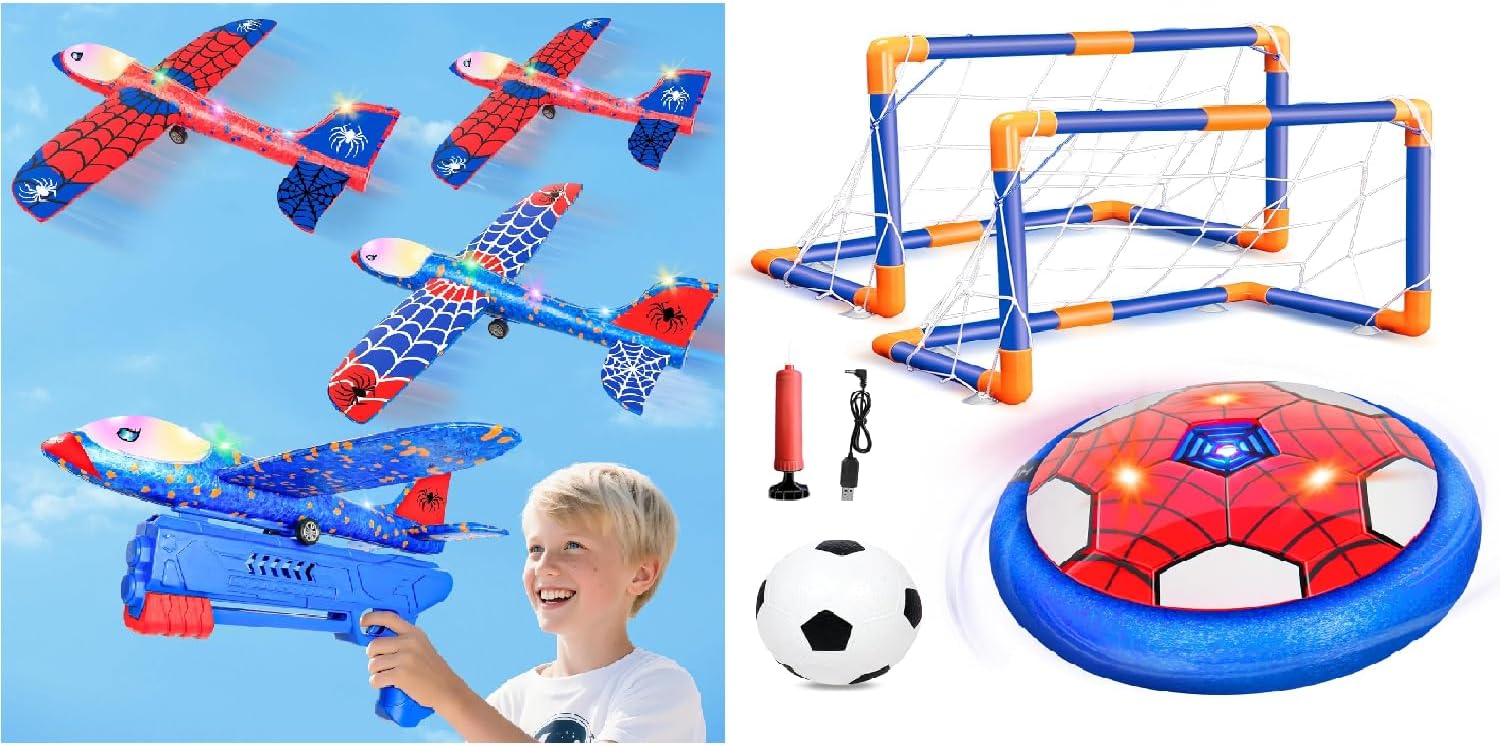 Airplane Launcher Toy & Spider Hover Soccer Ball Set for Kids | 3 Pack Spider Foam Gliders Air Planes, 2-in-1 Rechargeable Toddler Air Floating Football Toy Ball with Led for Boys Birthday