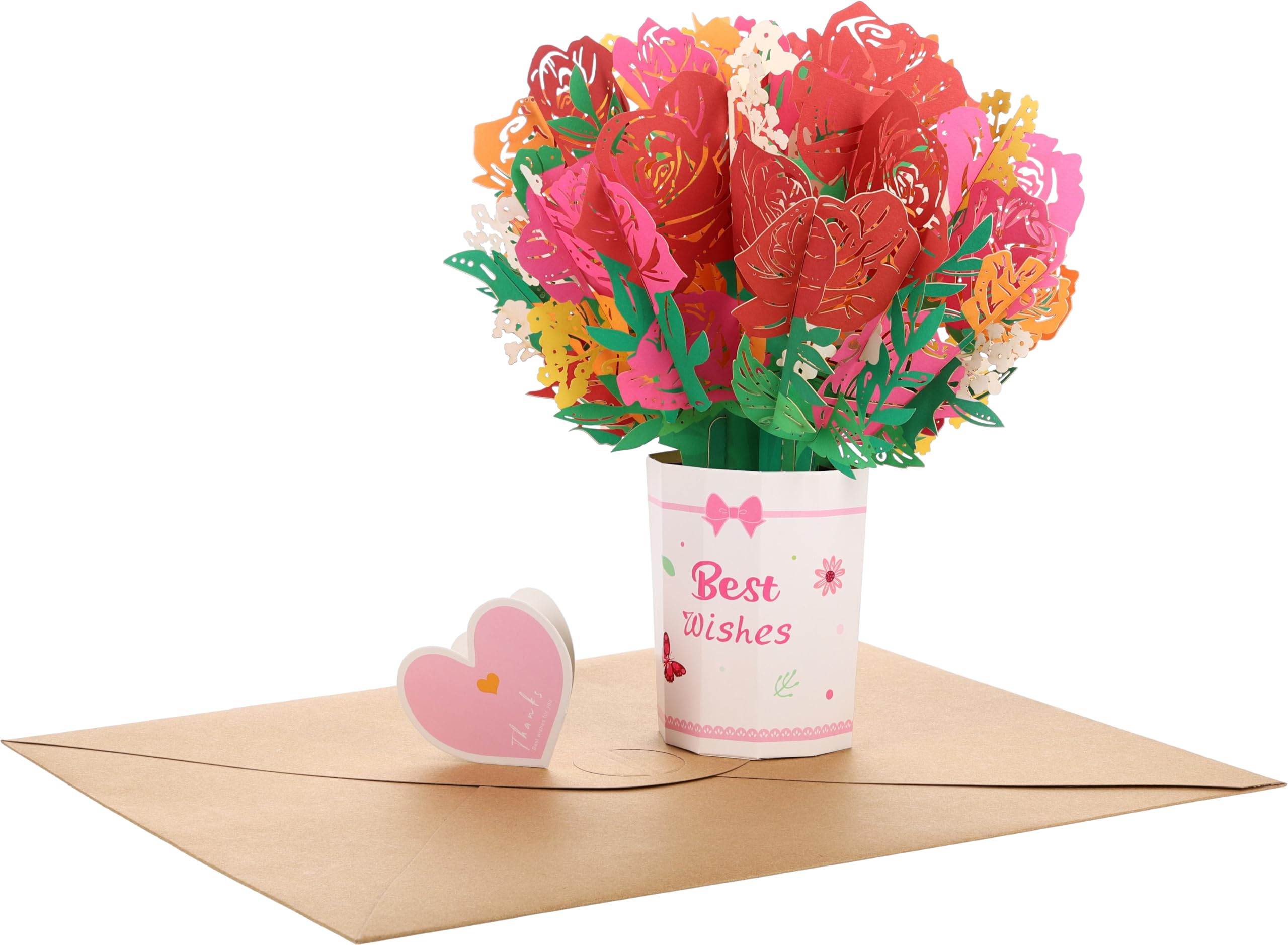 VNS Creations Pop Up Cards - Roses 3D Popup Paper Flowers Bouquet for Valentines - Pop Up Birthday Card for Women, Mom, with Envelope & Blank Note - Greeting, Anniversary, Mother's Day, Get Well