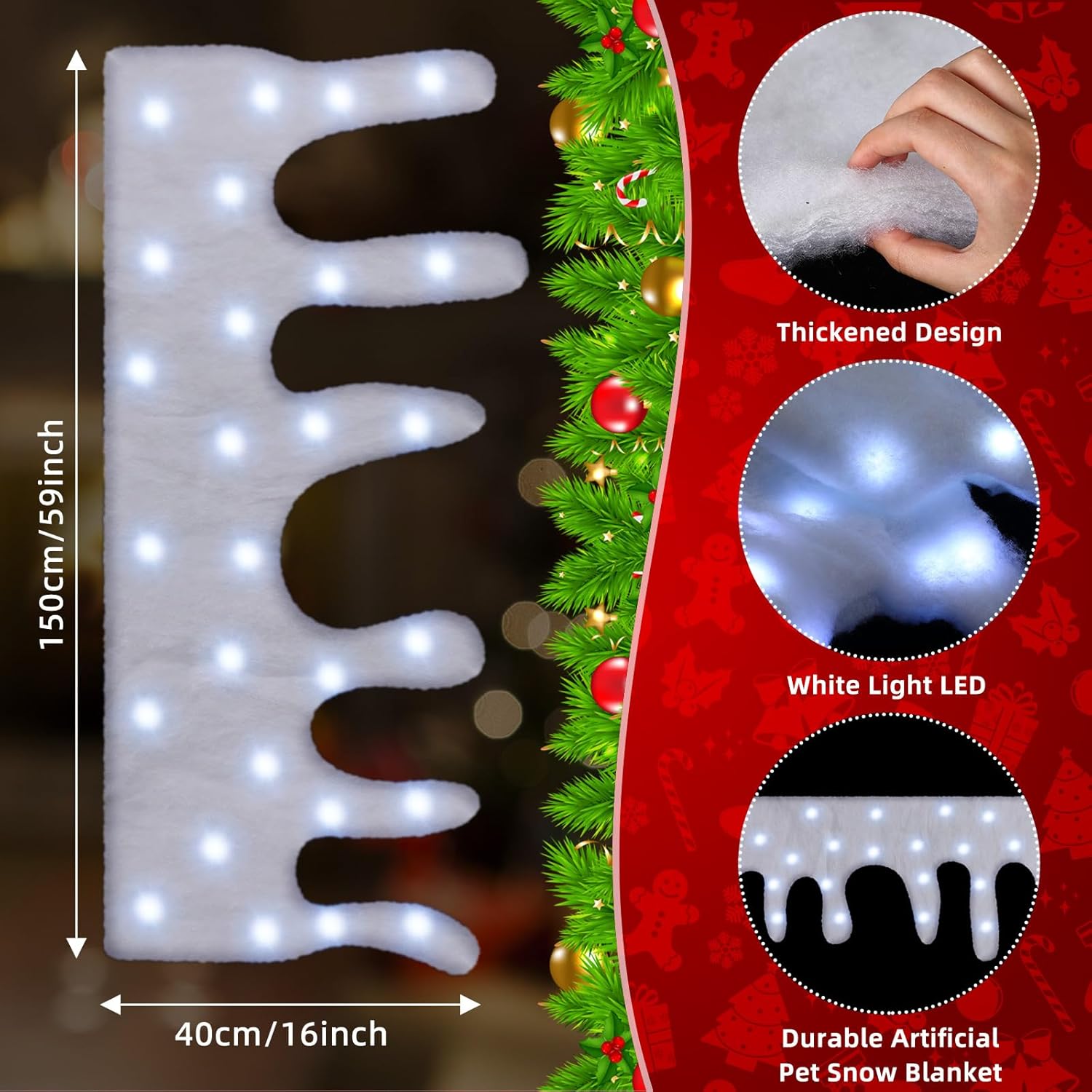 2 Pcs Christmas Snow Blanket with LED Lighted Table Runner Snow for Mantle Icicle Mantle Cover for Village Decorations Xmas Artificial Holiday Decor, 59 x 16 Inches (White Lights)