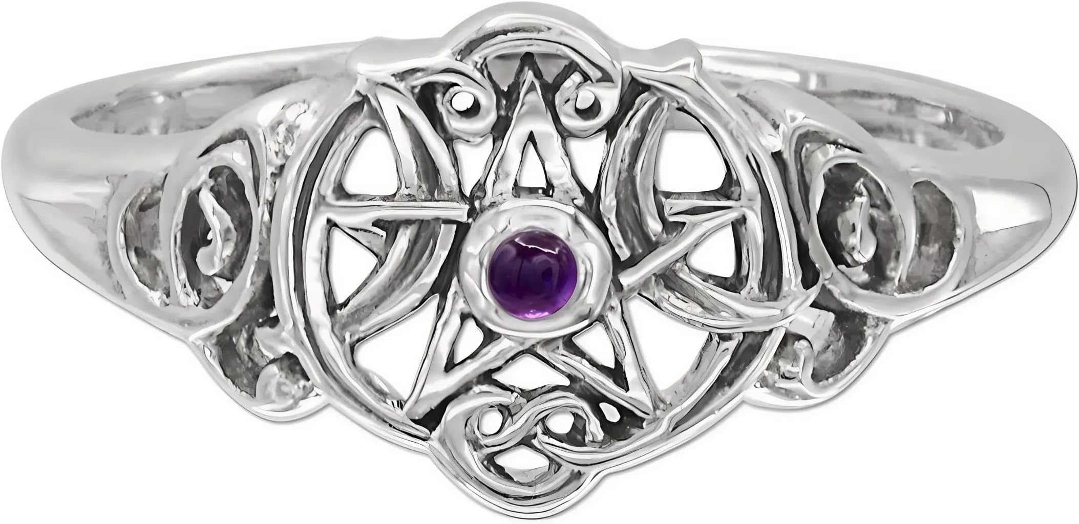 Dryad Design Heart Pentagram Ring Sterling Silver - Wiccan Pagan Moon Phase Pentacle Ring with Natural Amethyst for Men or Women (Size 4-15)