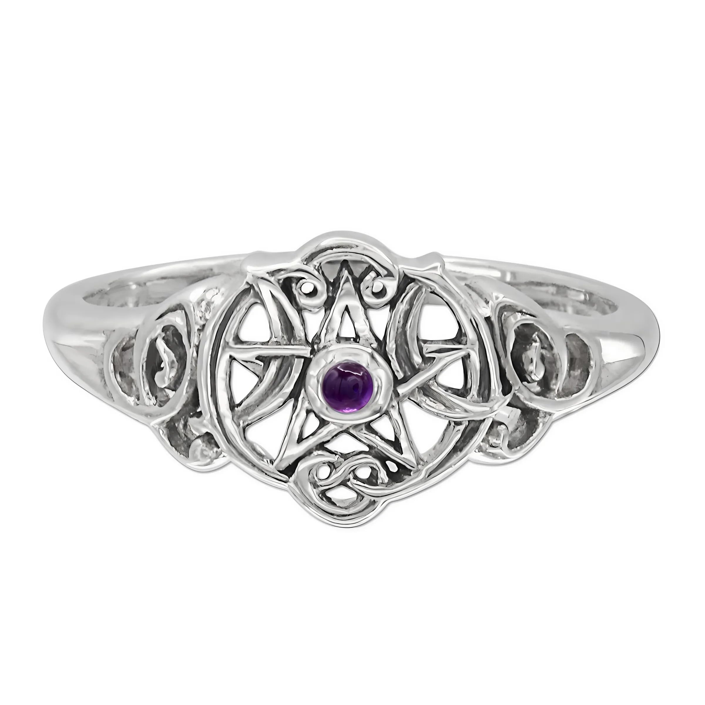 Dryad Design Heart Pentagram Ring Sterling Silver - Wiccan Pagan Moon Phase Pentacle Ring with Natural Amethyst for Men or Women (Size 4-15)
