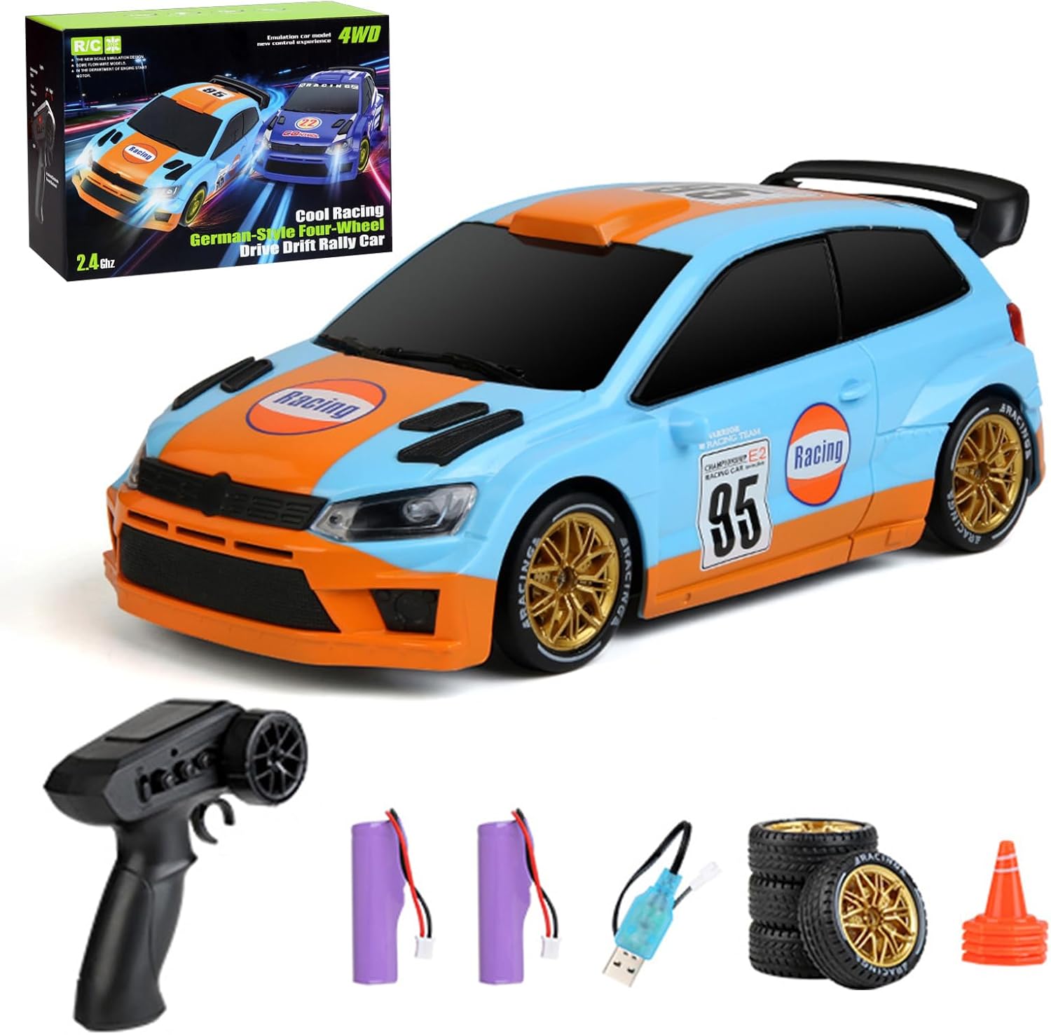 1/24 RC Rally Drift Car, 2.4Ghz 4WD Remote Control Car Electric Rally Racing Vehicle with LED Lights for Indoor Outdoor (Orange)