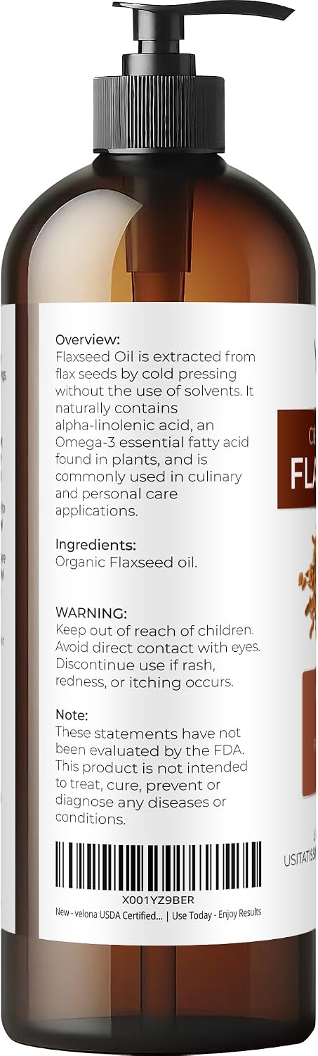 velona USDA Certified Organic Flaxseed Oil - 16 Fl Oz | 100% Pure and Natural Carrier Oil | Unrefined, Cold Pressed |Body, Face & Skin Care | Use Today - Enjoy Results…